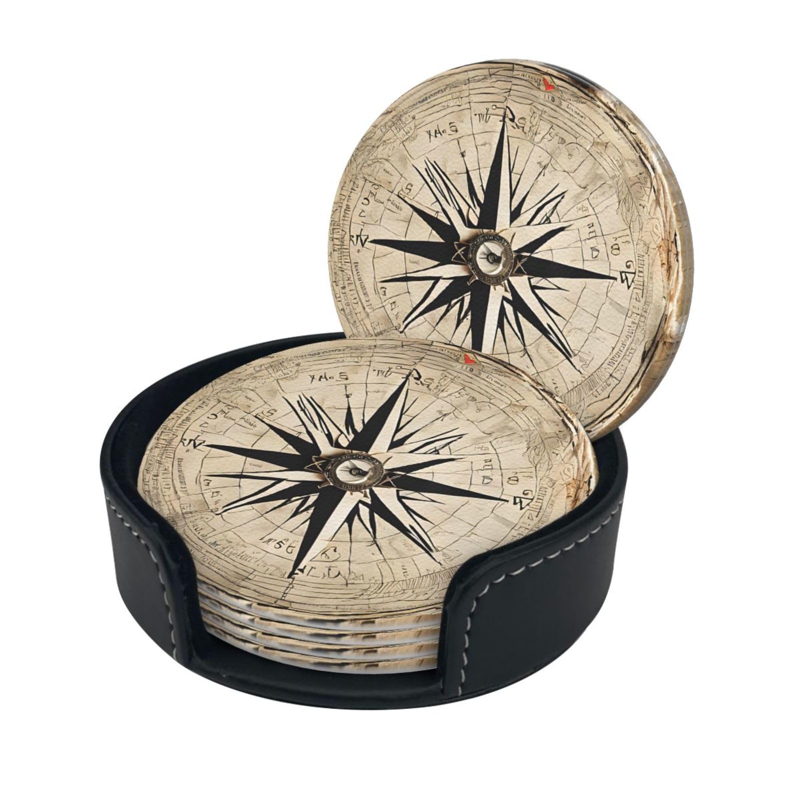Compass Map Nautical Print Coaster,Round Leather Coasters with Storage Box for Wine Mugs,Cold Drinks and Cups Tabletop Protection (6 Piece)