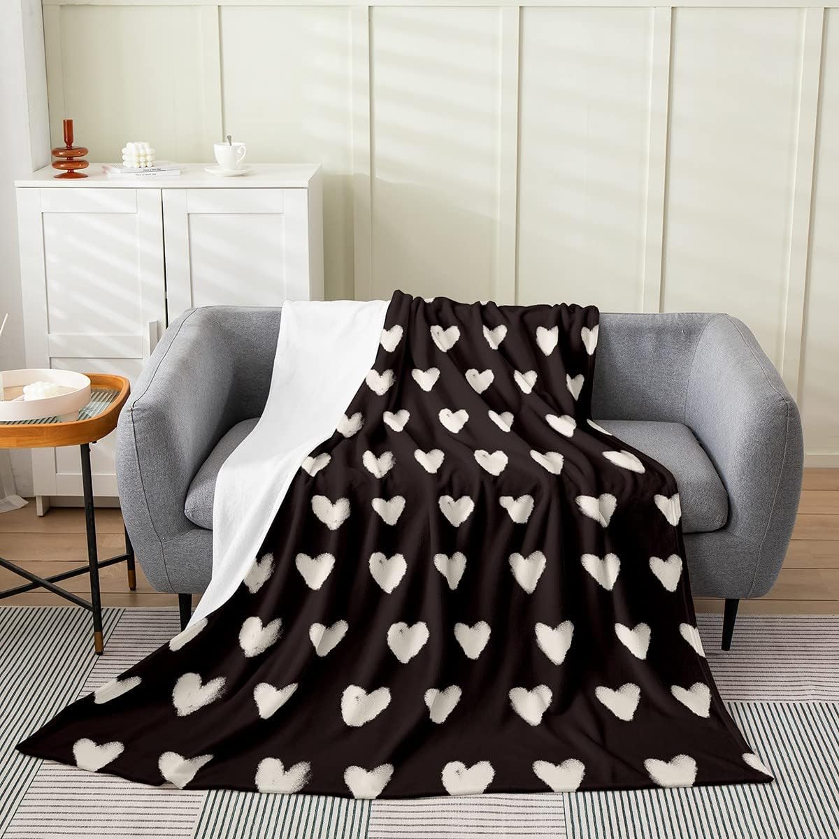 Black White Throw Blanket 40"x50" Cute Heart Pattern Fleece