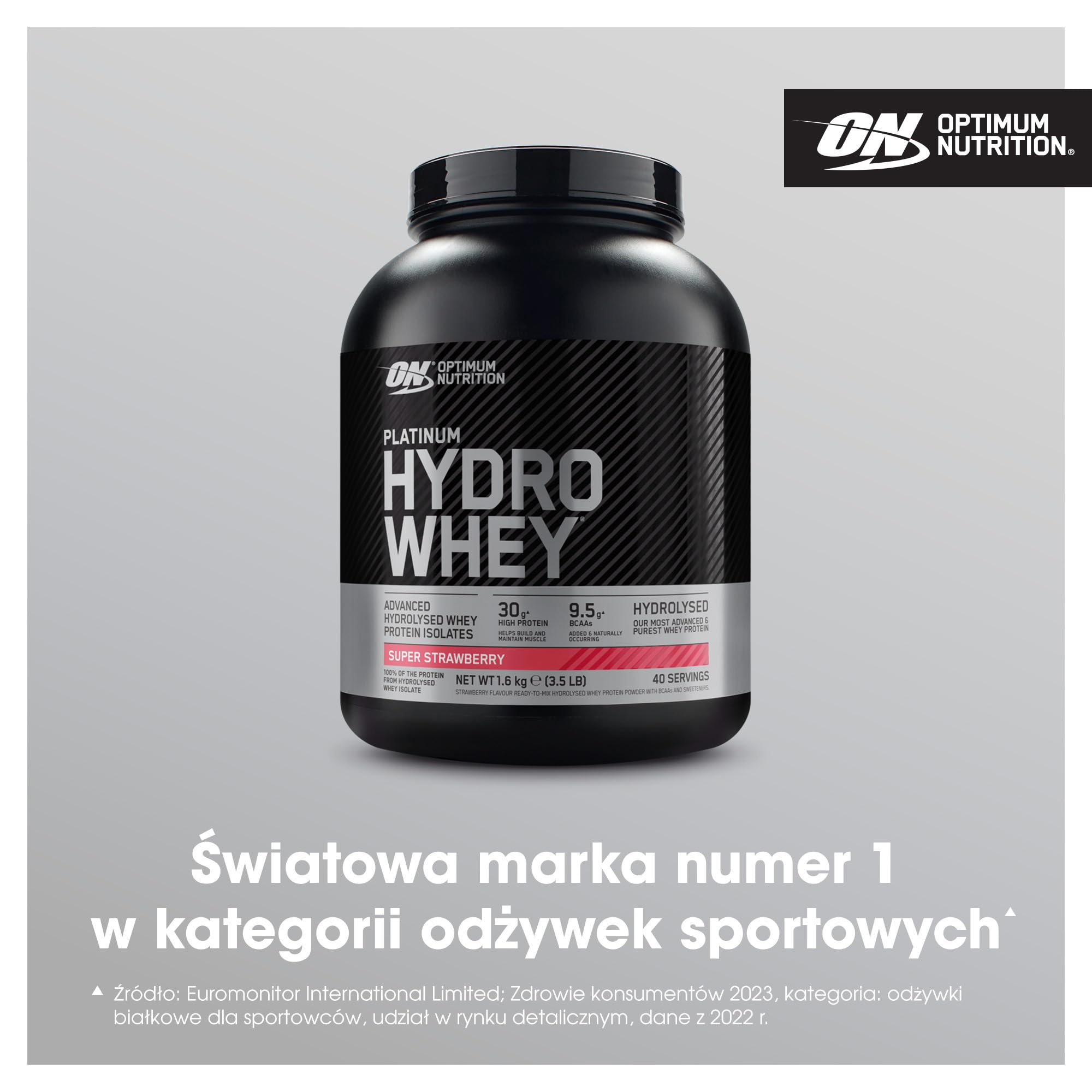 Optimum Nutrition Platinum Hydro Whey, odżywka z hydrolizowanego izolatu białka serwatkowego z aminokwasami egzogennymi, glutaminą i BCAA, smak super truskawka, 40 porcji, 1,6 kg