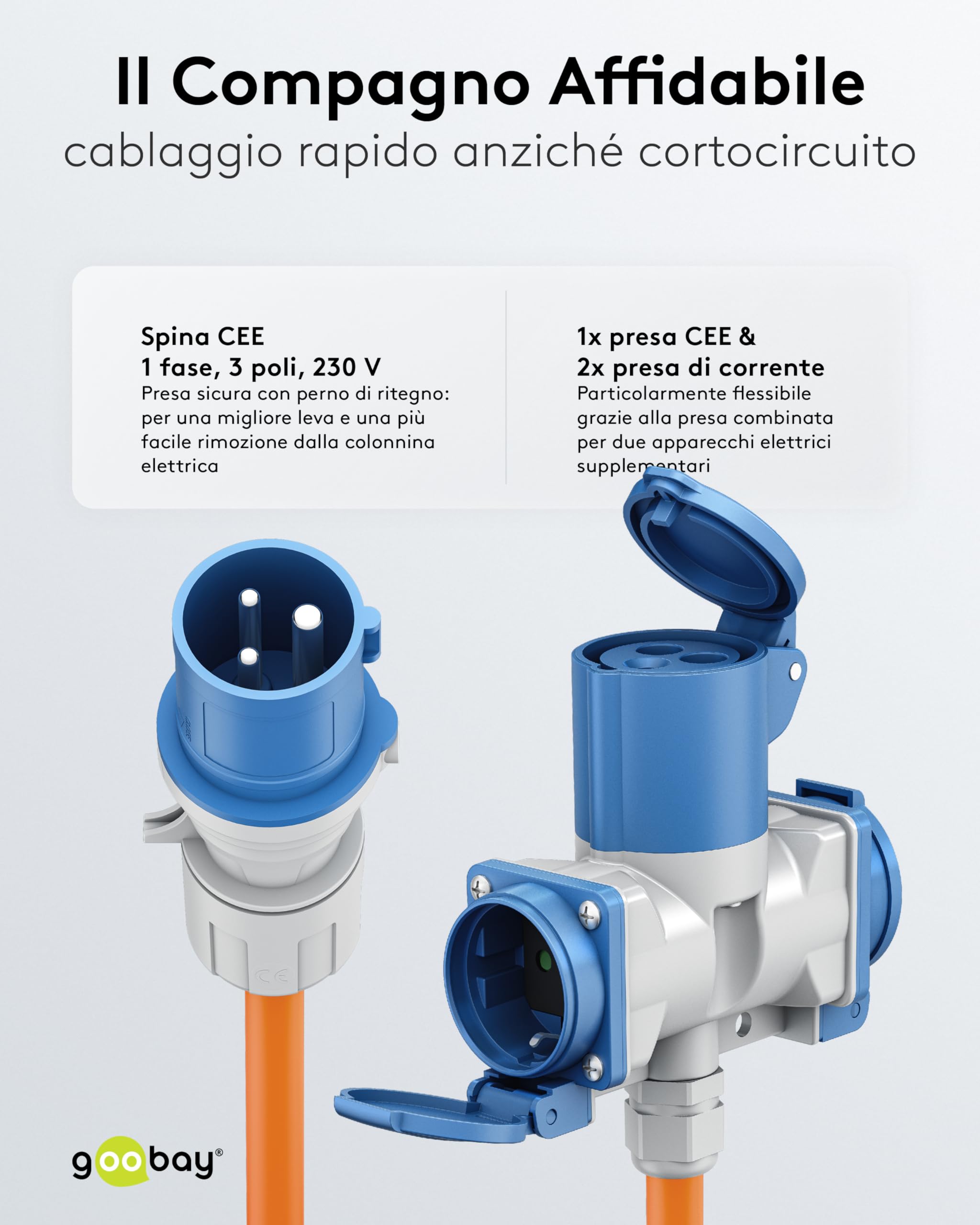 goobay Cavo adattatore CEE per caravan, 1,5 m, spina CEE a 1 presa CEE e 2 prese con contatto di protezione, IP 44, cavo da campeggio, camper e cantieri, 76231
