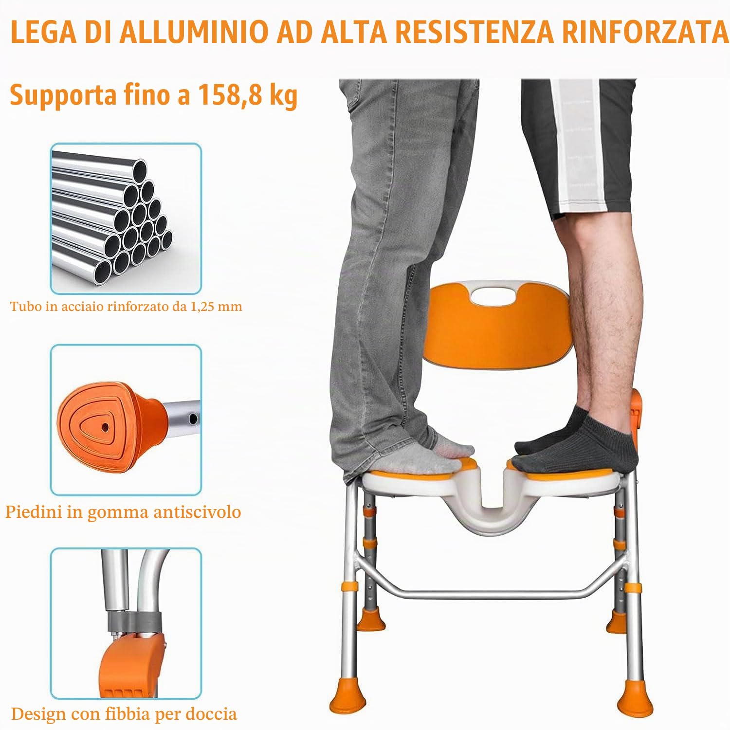 Sedia da doccia per anziani, con braccioli e schienale, pieghevole, portata fino a 180 kg, altezza regolabile, sedia da bagno con piedini antiscivolo (colore arancione, 53 * 58 * 83cm)