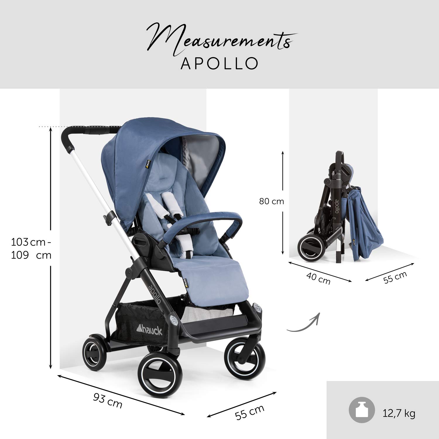 hauck Apollo Duoset Sportwagen + Beindecke + Babywanne, drehbar, bis 25 kg, Reflektoren, höhenverstellbarer Schiebegriff, kompakt faltbar, kompatibel mit Babyschale, schwarz denim/denim Baby