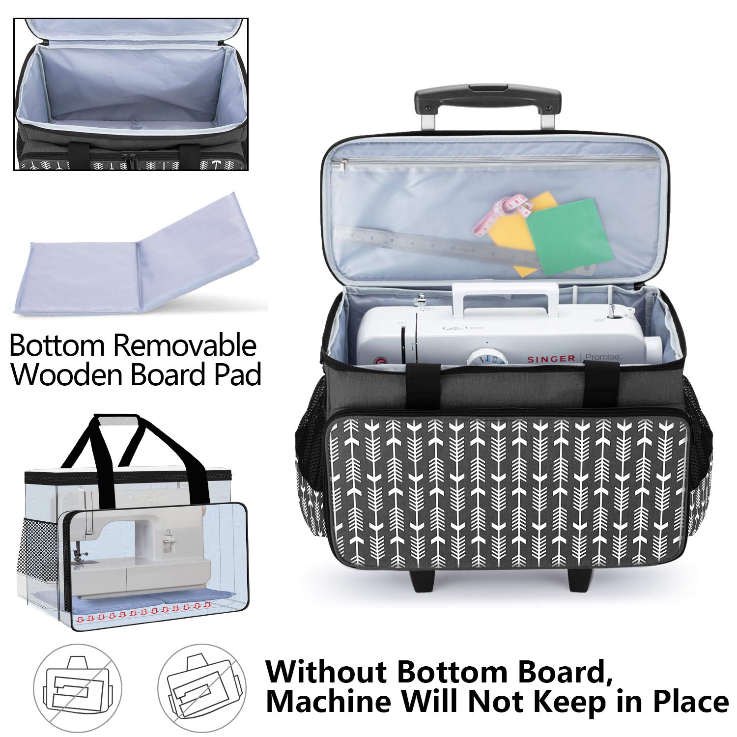 Yarwo Bolsa de Ruedas de la Máquina de Coser es Desmontable, Bolsa de Trolley de la Máquina de Coser con Panel de Soporte Inferior, Adecuado para la Mayoría de la Máquina de Coser