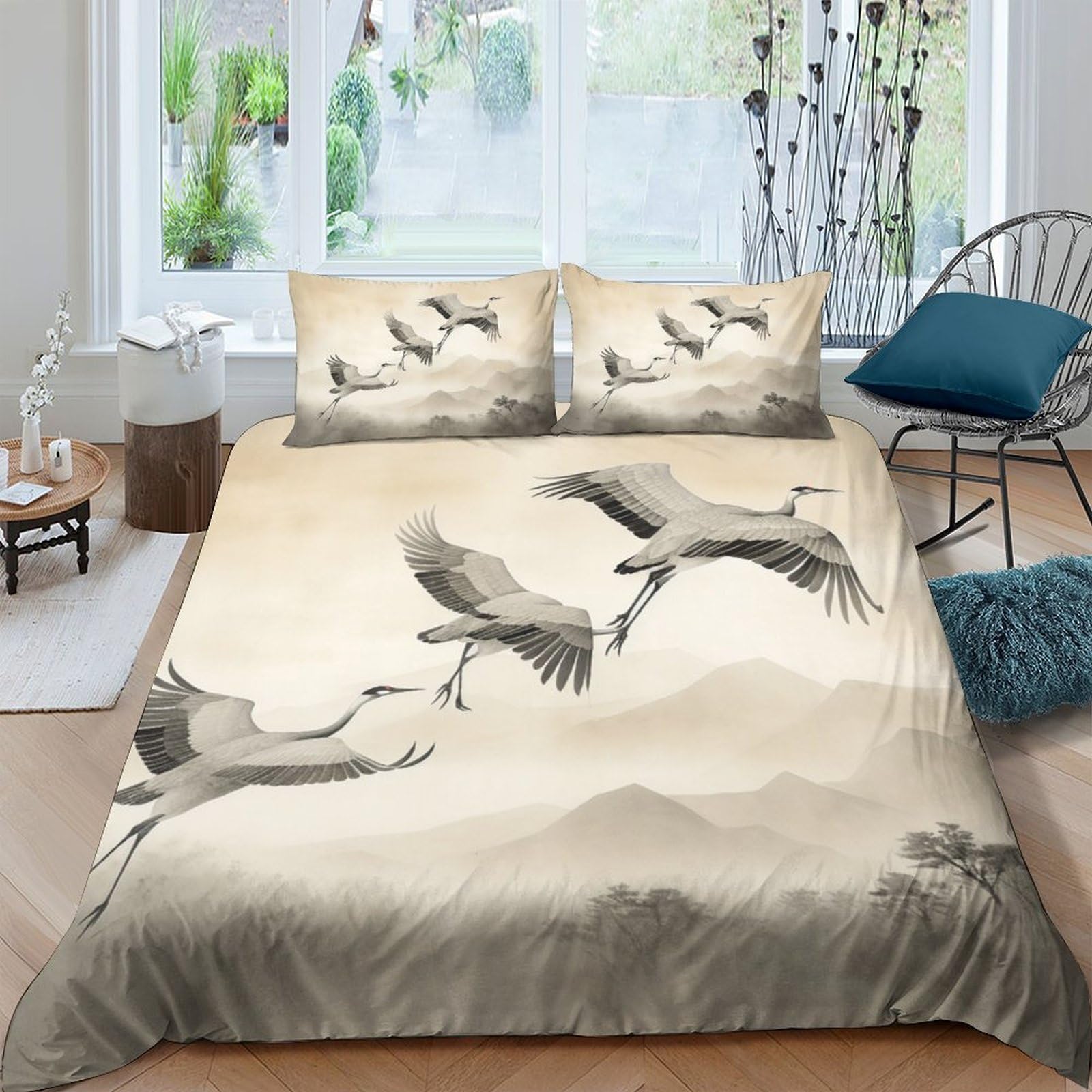GPLZQXKJNH 3D Printed Crane Landscape Duvet Cover Set Microfiber Soft Breathable Mountain Birds Bedding with 2 Pillowcases for Bedroom Home Single（135x200cm）