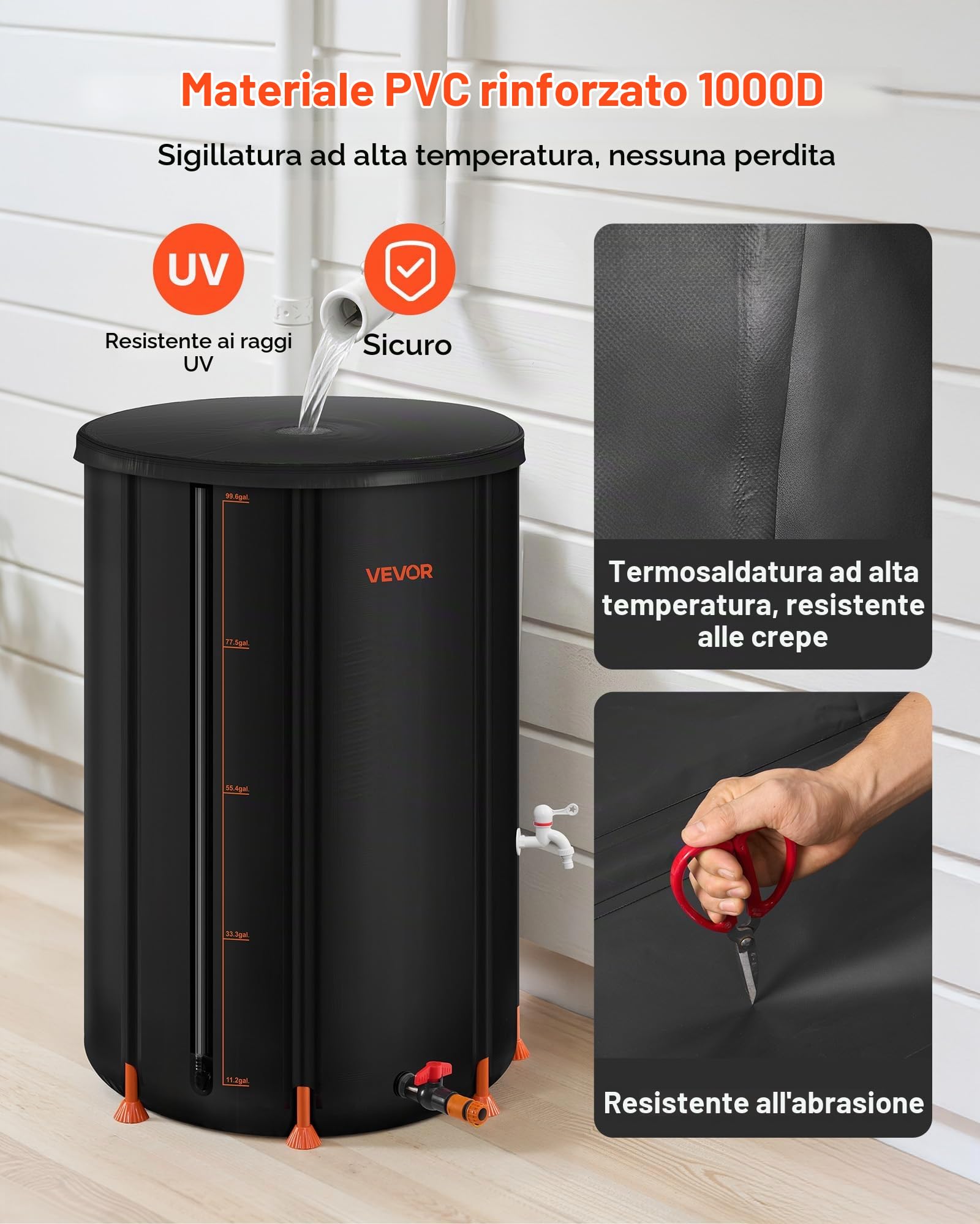 VEVOR Barile di Raccolta dell'Acqua Piovana Pieghevole, 380 L, Sistema di Raccolta dell'Acqua Piovana, Contenitore da Giardino con Rubinetto e Kit di Troppo Pieno e 7 Aste di Supporto, Nero