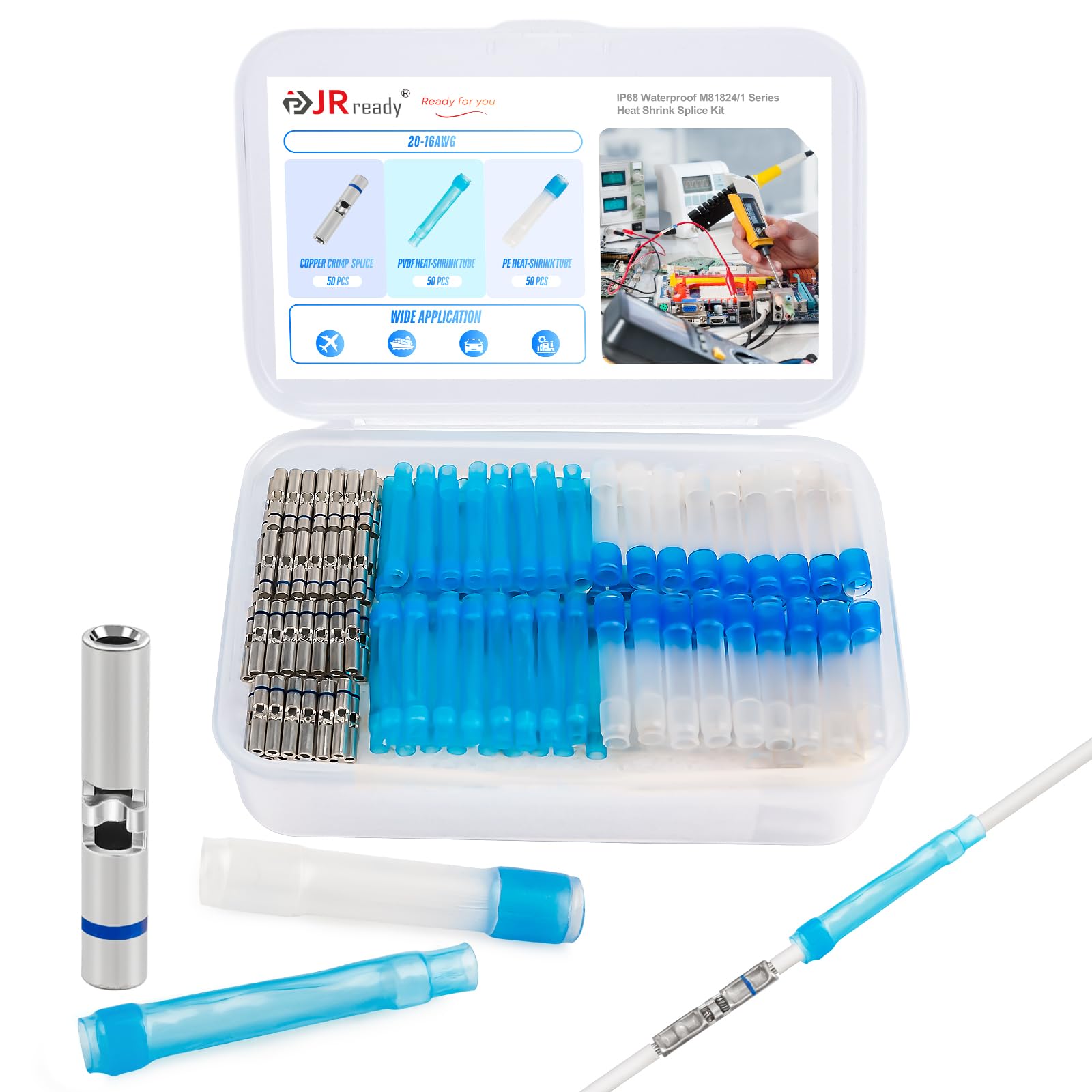 JRready 50Sets D-436 Series Heat Shrink Butt Splice Connector 20-16 AWG(D-436-37 M81824/1-2 Equivalent) IP68 Waterproof Blue Environmental Butt Splice with PVDF/PE Tubes ST6385-16-50 Wire Connectors