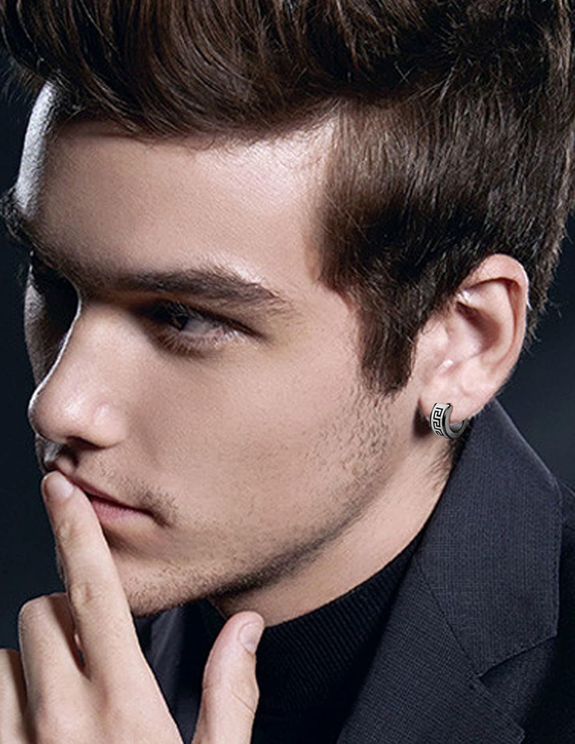 12 Pairs Hoop Earrings for Men Stainless Steel Huggie Earring Round Circle CZ Bevel Edge Unique Greek Key Hoops Piercing Jewelry Set Black Silver Tone - Image 3