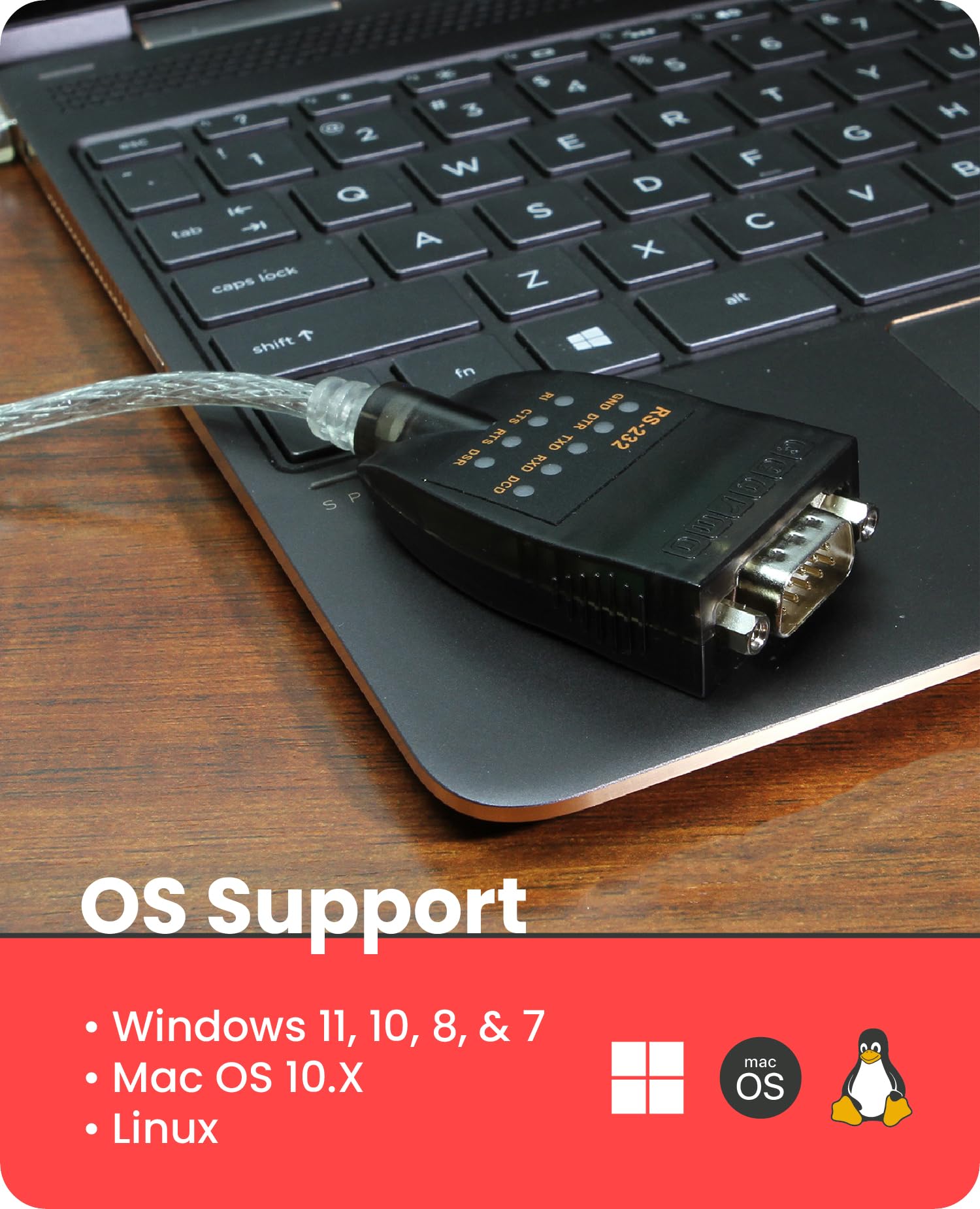 Gearmo Adaptador USB a serie compatible con Windows 11, cable de 5 pies, indicadores LED, chipset FTDI, compatible con Windows 11/10/8/7 - MacOS - Linux