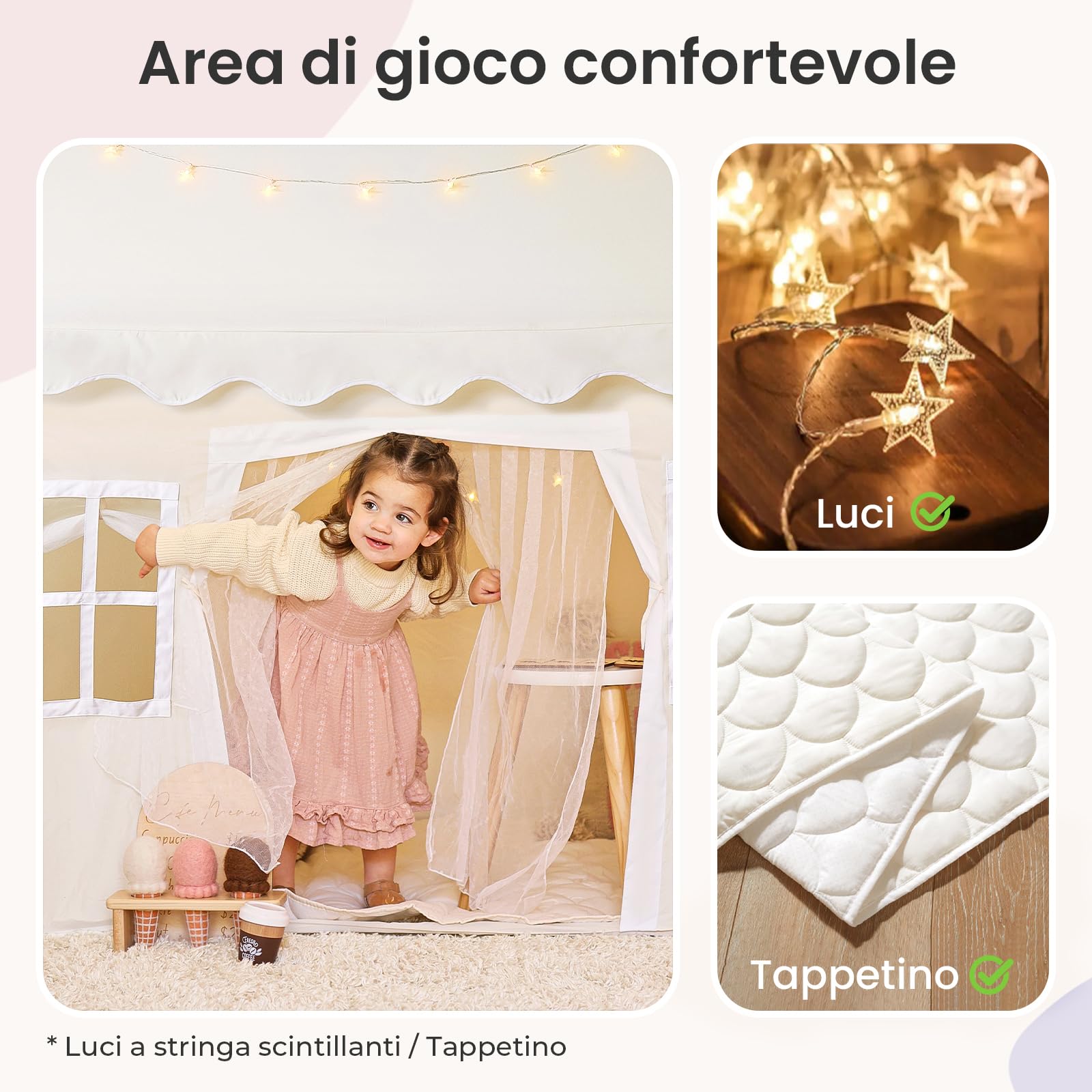 Tiny Land Tenda da Gioco per Bambini con Tappetino Morbido e Luci, Tenda per Bambini da Interno Lavabile, Rifugio Angolo Lettura per Cameretta, Regalo per Bambino e Bambina 3-13 Anni - 133x90x136cm