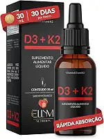 Vitamina D3 K2 em Gotas Sublingual 30mL ELLYM NUTRITION 2000 UI D3 + 120 mcg K2 Mk7 Sabor Morango Fortaleciomento Ósseo e Muscular