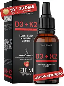 Vitamina D3 K2 em Gotas Sublingual 30mL ELLYM NUTRITION 2000 UI D3 + 120 mcg K2 Mk7 Sabor Morango Fortaleciomento Ósseo e Muscular