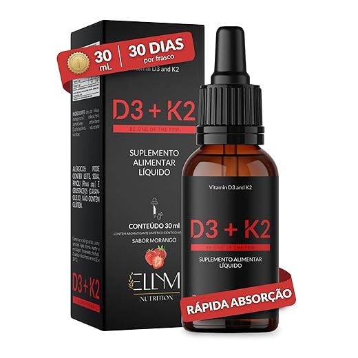 Vitamina D3 K2 em Gotas Sublingual 30mL ELLYM NUTRITION 2000 UI D3 + 120 mcg K2 Mk7 Sabor Morango Fortaleciomento Ósseo e Muscular