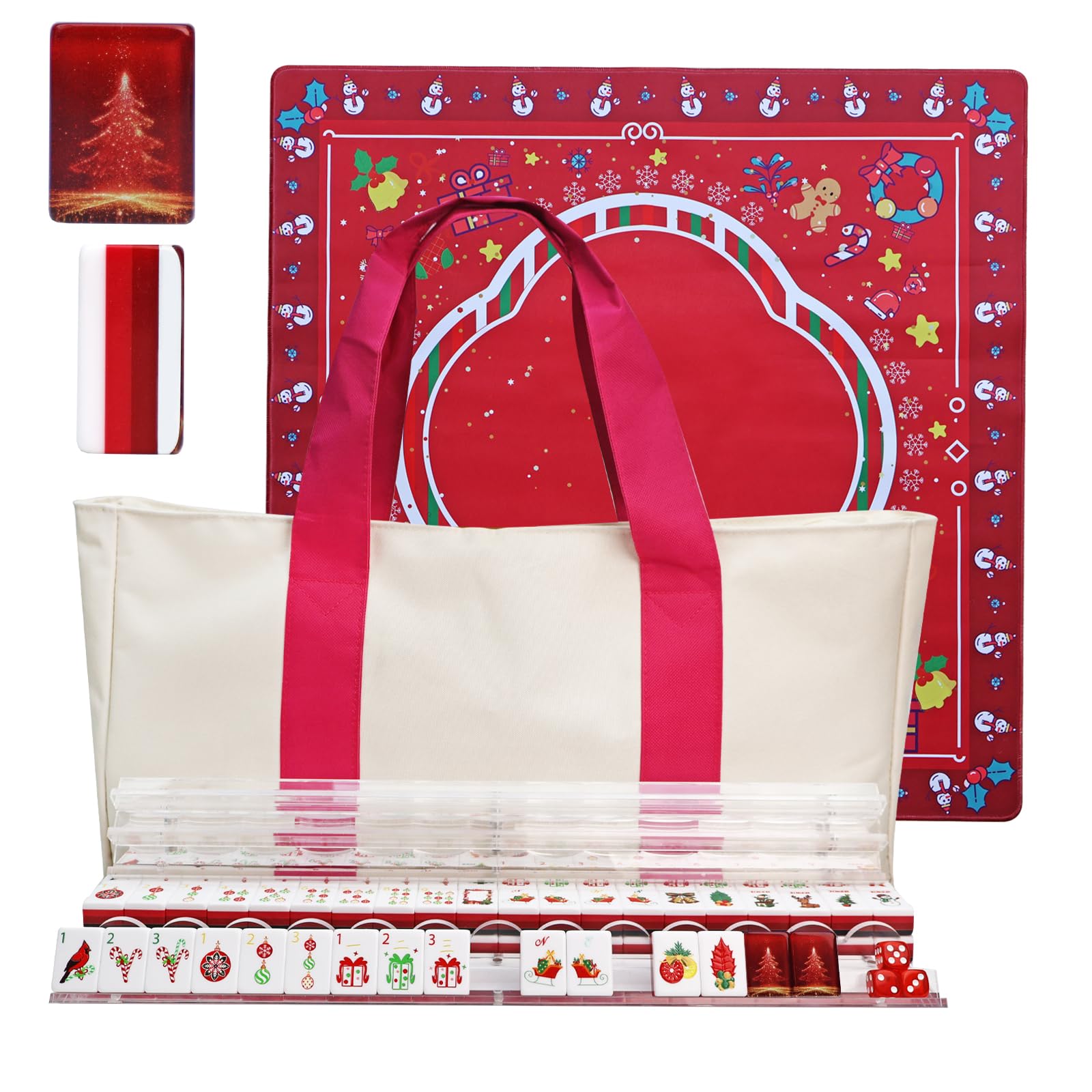 American Christmas Theme Acrylic Mahjong Set with 2 Carrying Bags, 4 Acrylic Racks with Pushers, Silent Mat – Portable Mahjong Set for Adults, Family Holiday Game Night &amp; Travel