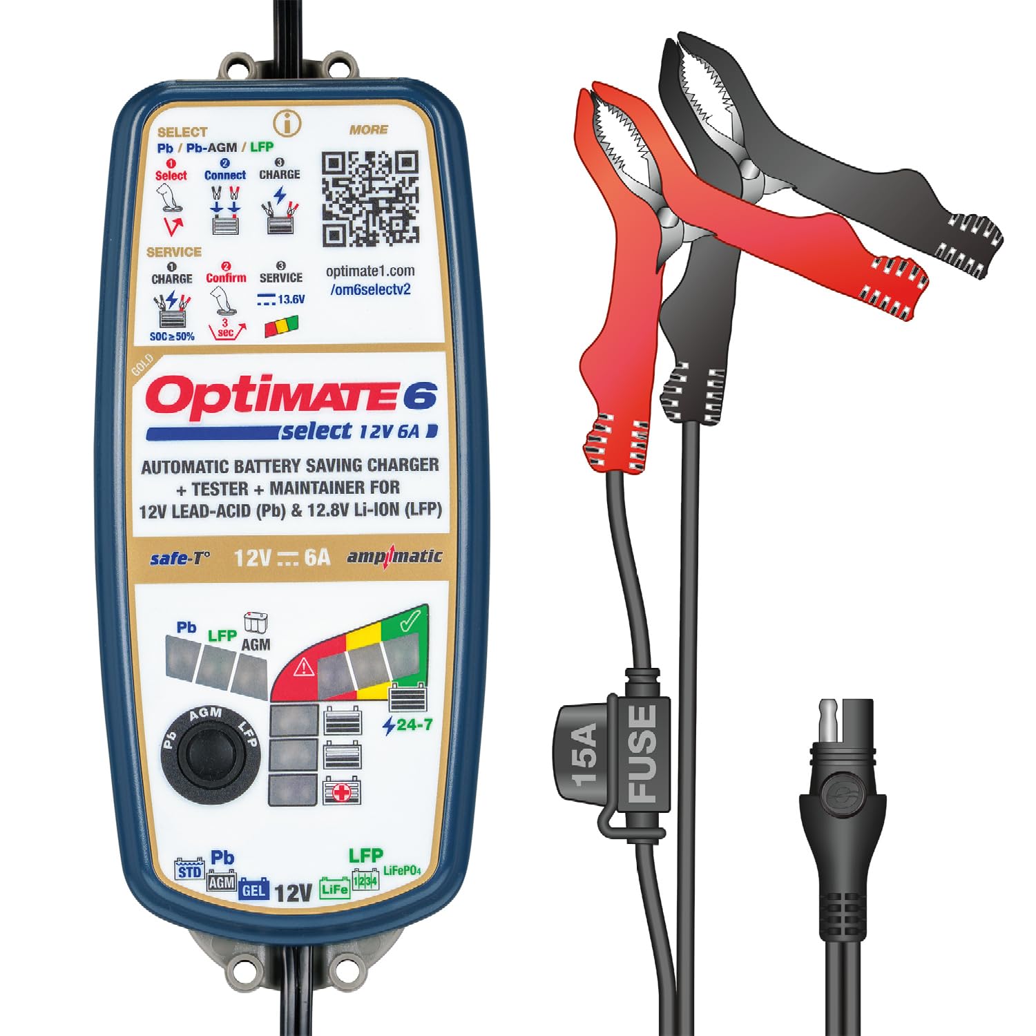 OptiMate Caricabatterie 6 Select V2 12 V 6A – Caricabatterie intelligente a 9 fasi e supporto per batterie AGM, GEL, STD, EFB e Lithium LiFePO4 – Ripristina le batterie a scarica profonda da 0,5 V