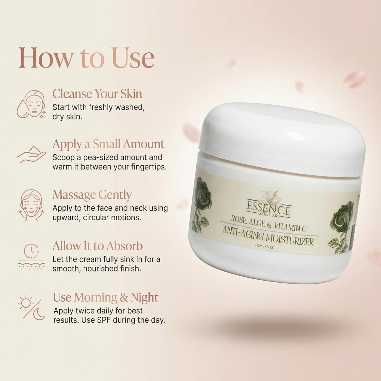 Essence Skin Care Rose & Aloe Vitamin C Anti-Aging Moisturizer, Firming & Hydrating, with CoQ10, DMAE, Hyaluronic Acid, Vitamins A, C, E, Niacinamide, Panthenol, Natural Oils