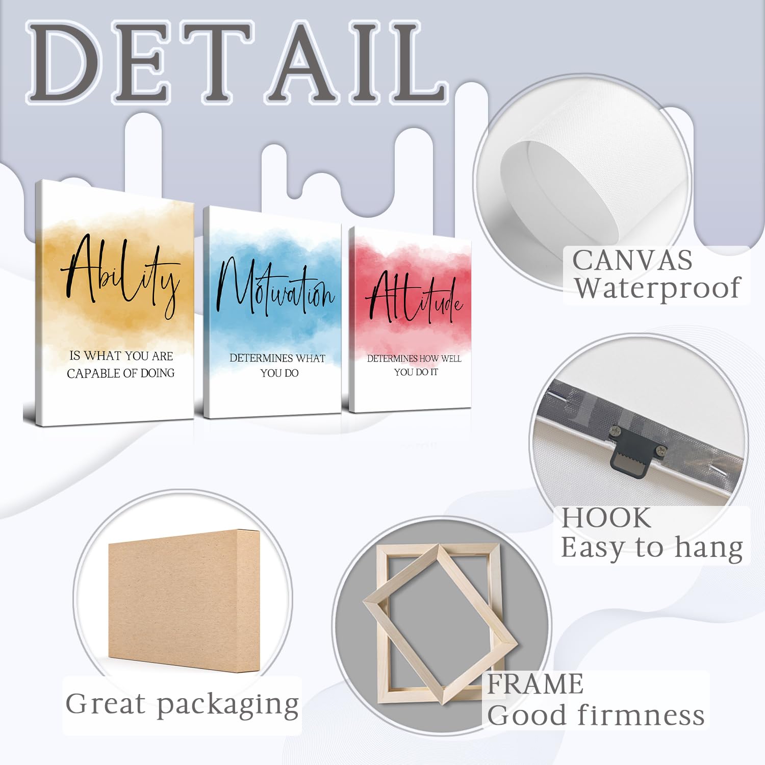 YOUHONG 3 Pieces Motivational Wall Art Ability Motivation Attitude Wall Art Inspirational Posters Quotes Wall Decor Office Decor Motivational Canvas Wall Art for Office Room Decor (12''Wx16''Hx3PCS)