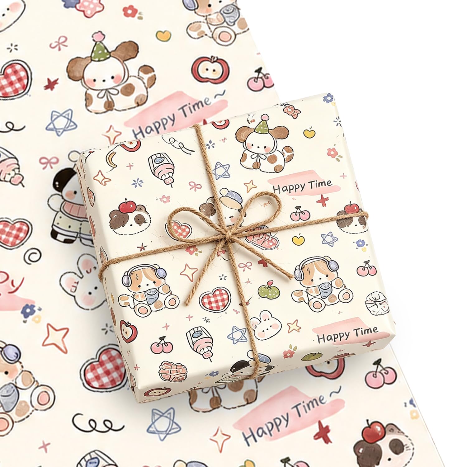 6 x Dog Wrapping Paper Sheets 70cm x 50cm - Premium Animal Gift Wrap for Birthday, Christmas and more - Cute Puppy, Cake Pattern Designed for Women, Men, Kids, Dog Lovers (with Rope & Tape)