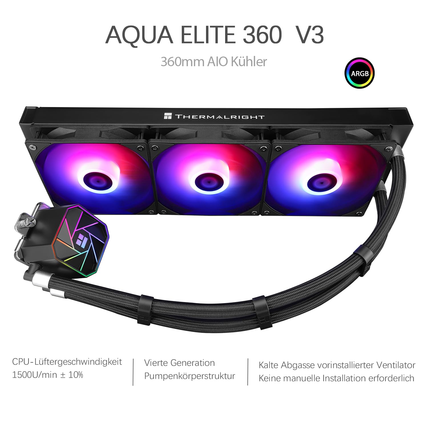 TR-Thermalright Aqua Elite 360 V3-Raffreddamento ad acqua CPU,360mm specifiche Aio PC, ventola di raffreddamento ARGB 3x120mm, facile installazione, compatibile con AM5/AM4, LGA1851/1700