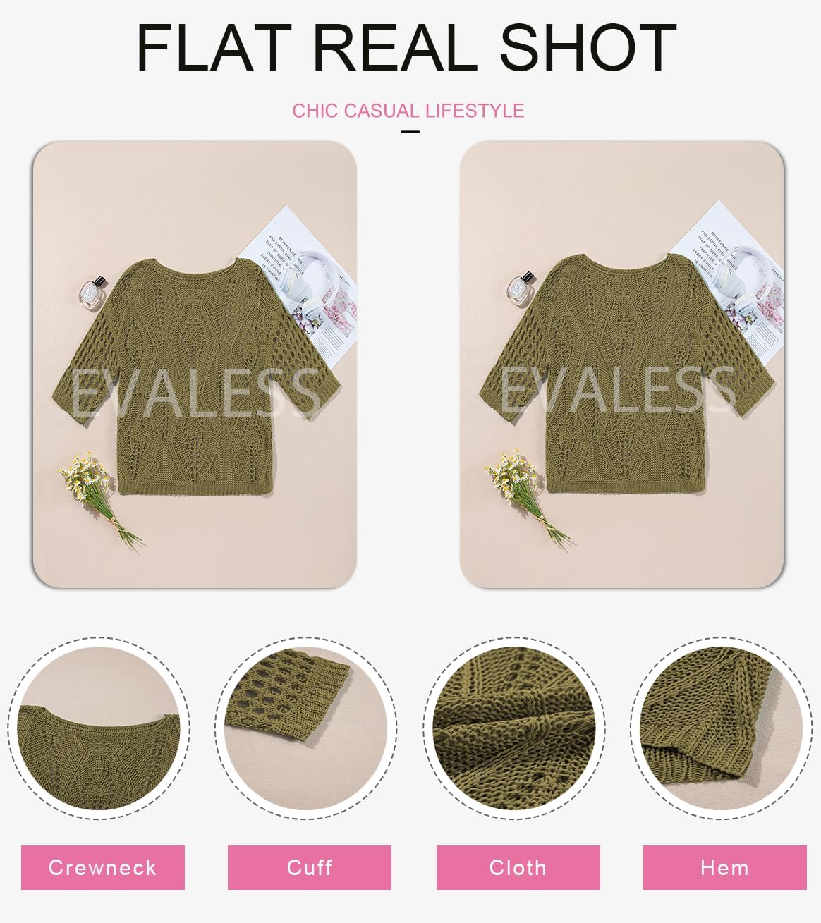 EVALESS Women Crochet Tops Hollow Out 3/4 Sleeve Knit Summer Sweaters image 5