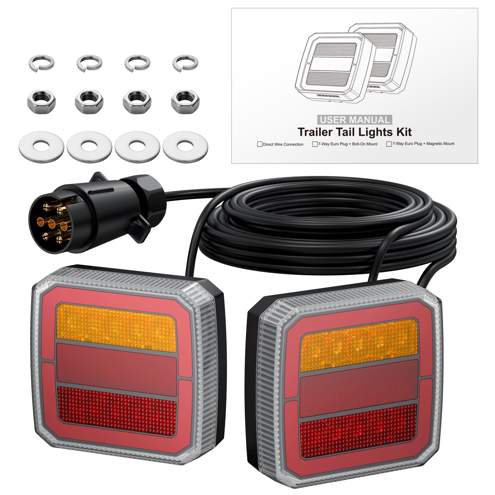 PROZOR Luci Posteriori per Rimorchio a 40 LED Omologazione E-Mark, Kit Fari LED Rimorchio a 7 Pin Cavo 7,35 m+2,4m, 4 Funzioni Posizione/Stop/Frecce/Rifrangente, Adattabile 12V-24V 30V Universali