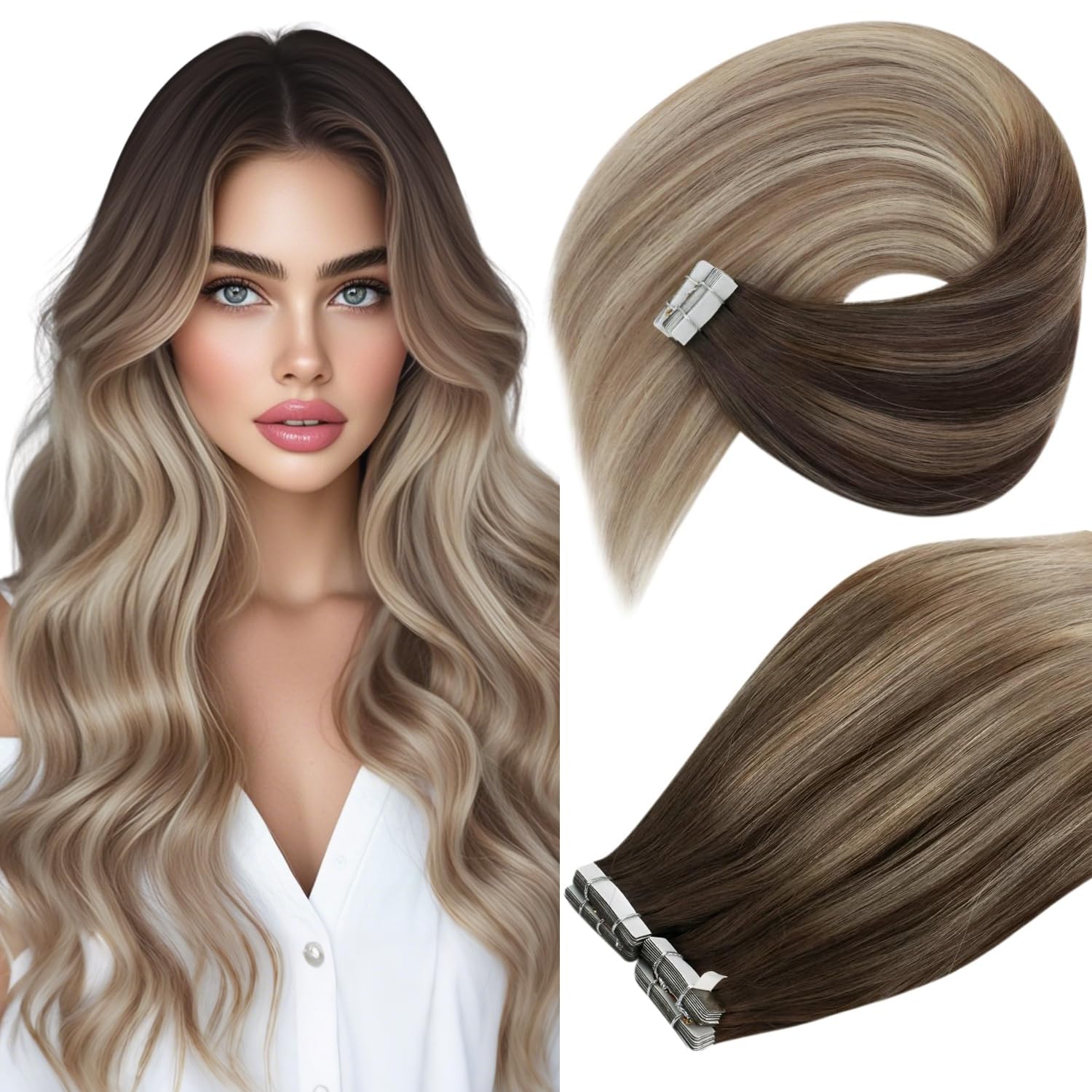 Ve Sunny Human Hair Tape in Extensions 22 Inch Invisible Hair Extensions Tape in Remy Human Hair Dark Brown Ombre Golden Blonde Balayage Platinum