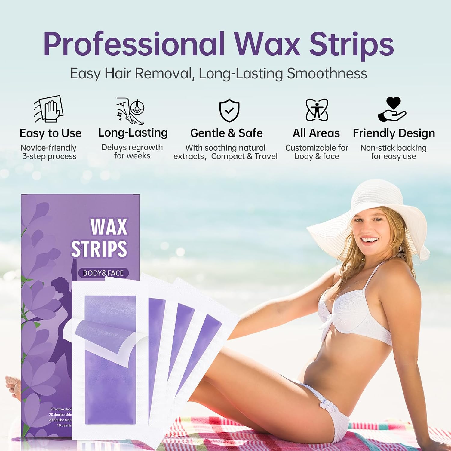 Wax Strips for Hair Removal – 50Count with Soothing Wipes – No Heat Waxing Kit for Women & Men, Face & Body, Bikini, Legs, Underarms – Travel-Friendly & Gentle on Skin