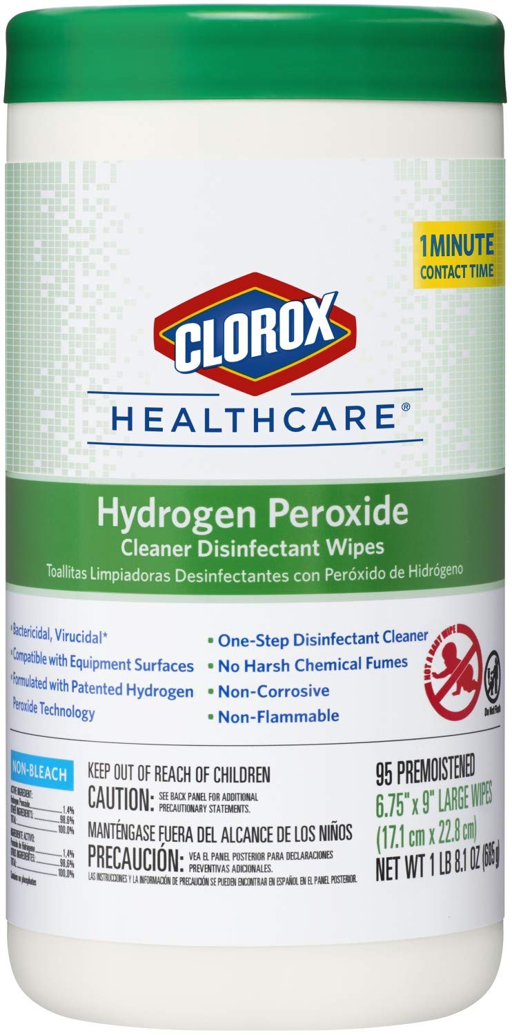 Clorox Saalfeld 30824 Healthcare Hydrogen Peroxide Cleaner Disinfectant Wipes, Kills Norovirus, Rotavirus, HIV, Poly-bag Protected, 6.75" x 9", X-Large Wipe (Pack of 95)