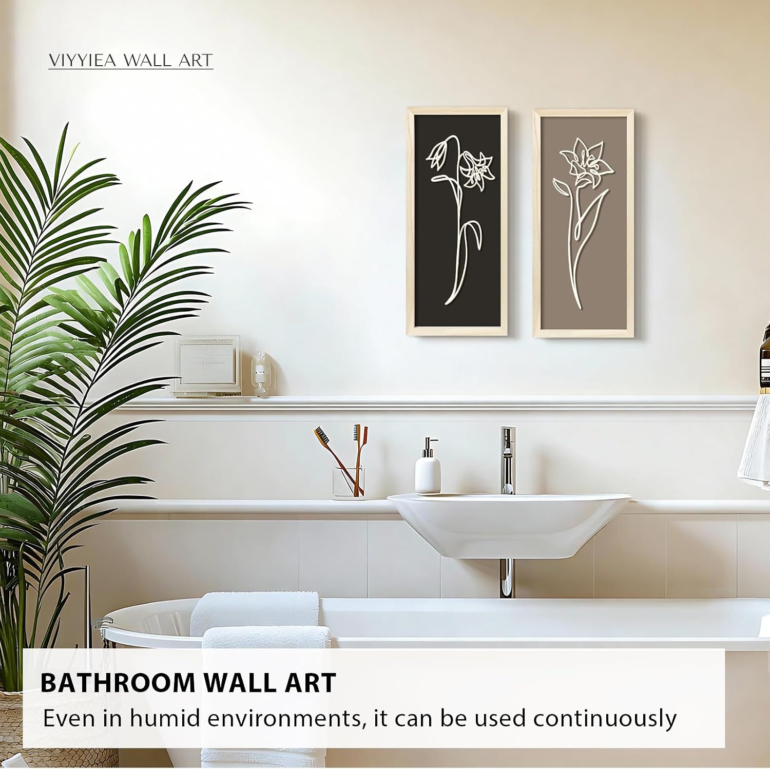 VIYYIEA Wooden 3d Floral Bathroom Wall Decor, Ready-to-Hang Framed Wall Art For Living Room, Bedroom and Office, Boho Botanical Farmhouse Decoration, Lightweight but Valuable Gift (7x16 In, set of 2)