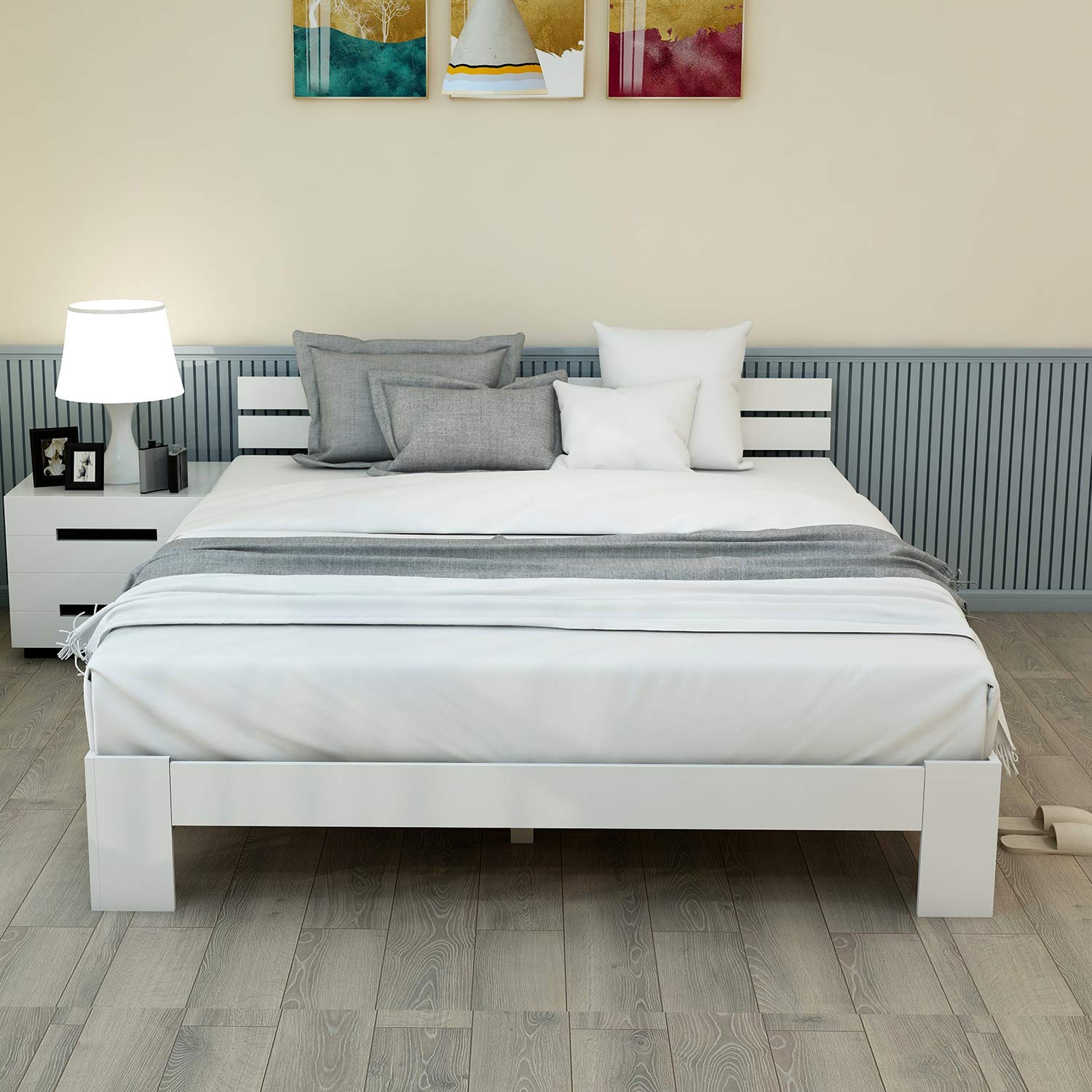 Merax Letto in legno massiccio, letto matrimoniale, telaio in legno con testiera e rete a doghe, 140 x 200 cm, supporto per doghe in legno, spazio sotto il letto, mobili per camera da letto, bianco