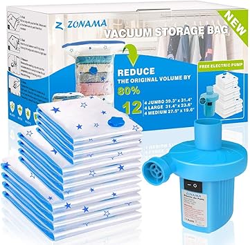Vacuum Storage Bags With Electric Air Pump 12 Pack 4 Jumbo 4 Large 4 Medium Reusable Vacuum Compression Space Saving Bag For Clothes Mattress Blankets Duvets Pillows Comforters Travel Amazon Co Uk Home Kitchen