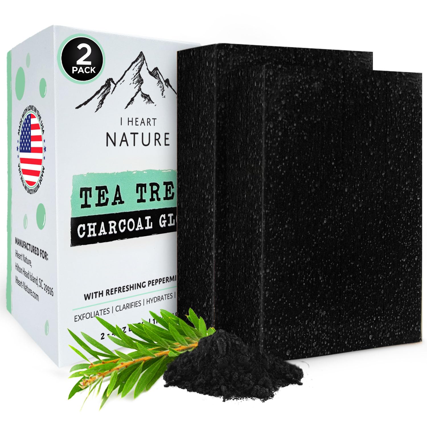 iHeart Tea Tree Oil Cleansing Soap Bar (2-Pack) with Charcoal, Peppermint Essential Oil Scent — Deep Cleansing & Hydration for Fresh, Healthy-Looking