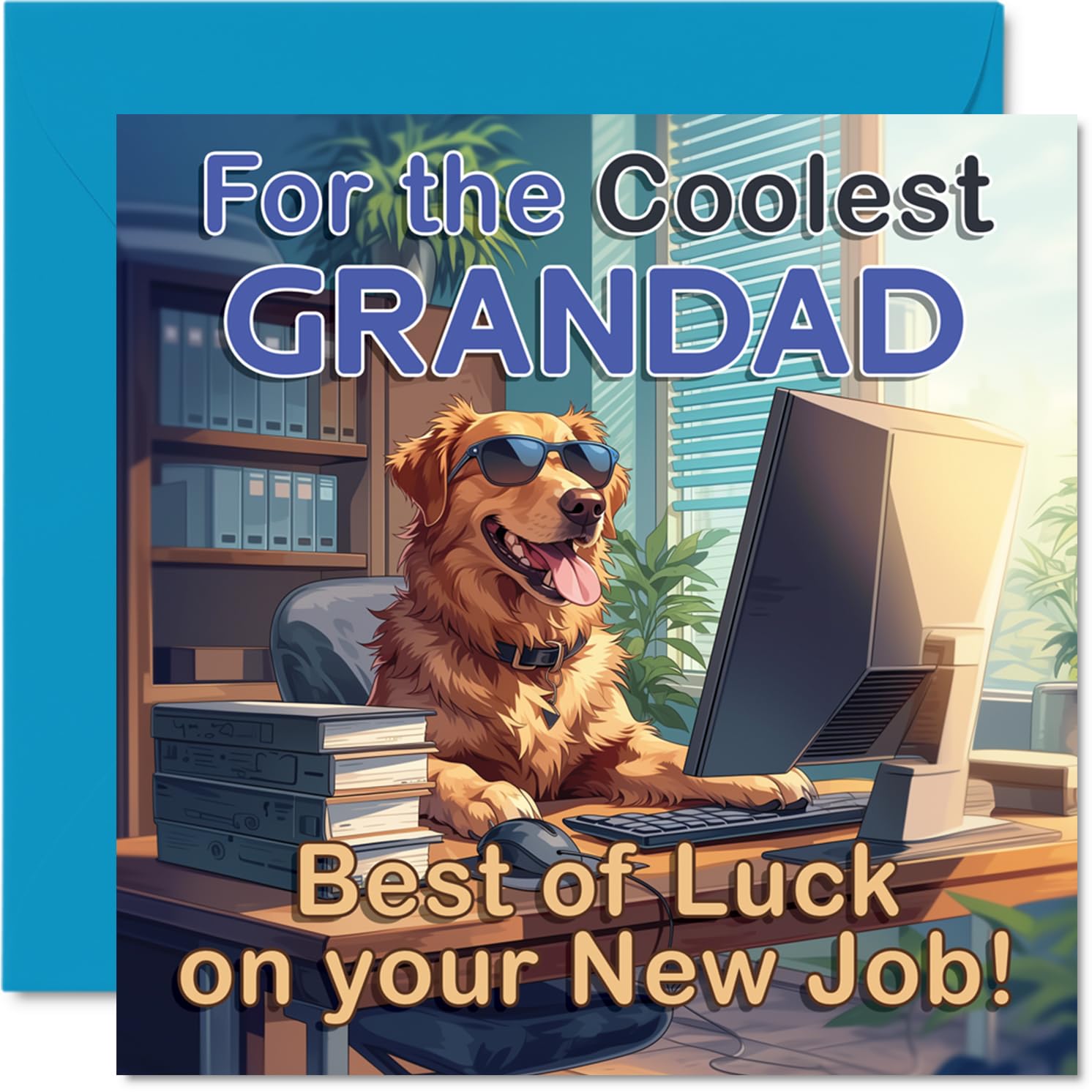 Supportive New Job Card for Grandad - Cool Canine Office Vibes - Sunglasses-wearing Dog at a Desk - A Playful Send-off for Grandad's New Adventure - 145mm Square, Envelope Included