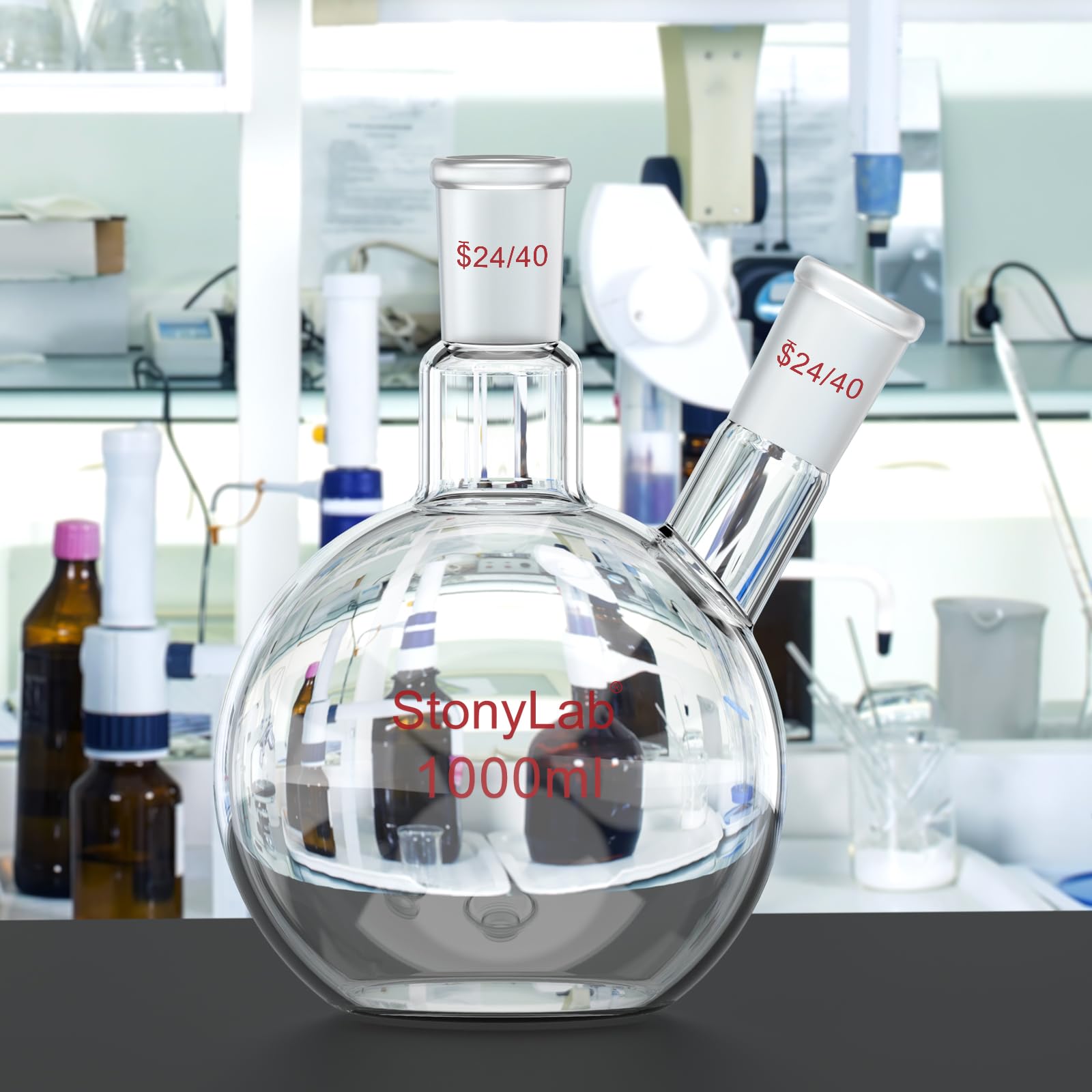 Stoneylab Matraz de Fondo Plano FBF 1000 ml, Vidrio de Borosilicato con Junta 24/40