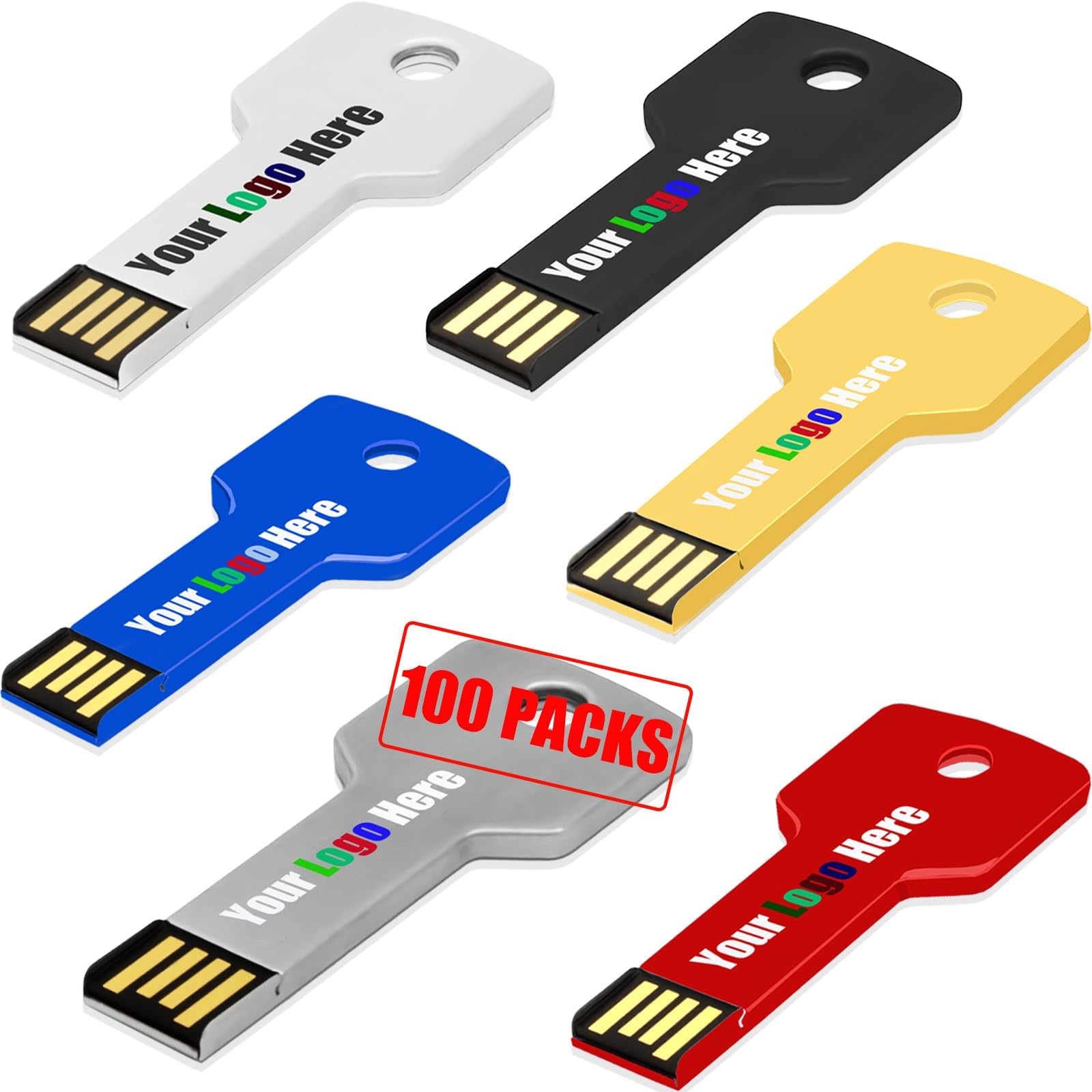 Custom USB Flash Drive 512MB 100 Pack Customized Thumb Drive, Customizable USB Drive Logo Print Key Shape, Branding with TATMOHIK Personalized USB Stick, 100Pcs Multiple Colors