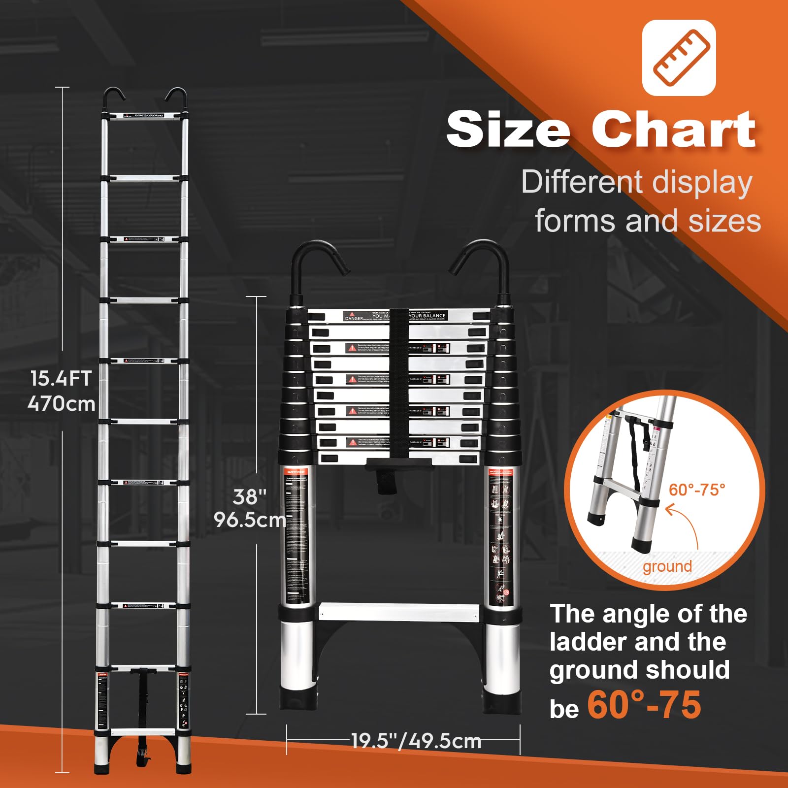 Escalera telescópica de 3.2 m con Ganchos y pies Antideslizantes, Escalera Plegable de Aluminio Ligero para altillos, Casas rodantes, Exteriores e Interiores, Capacidad de Carga de 150kg.Argentato