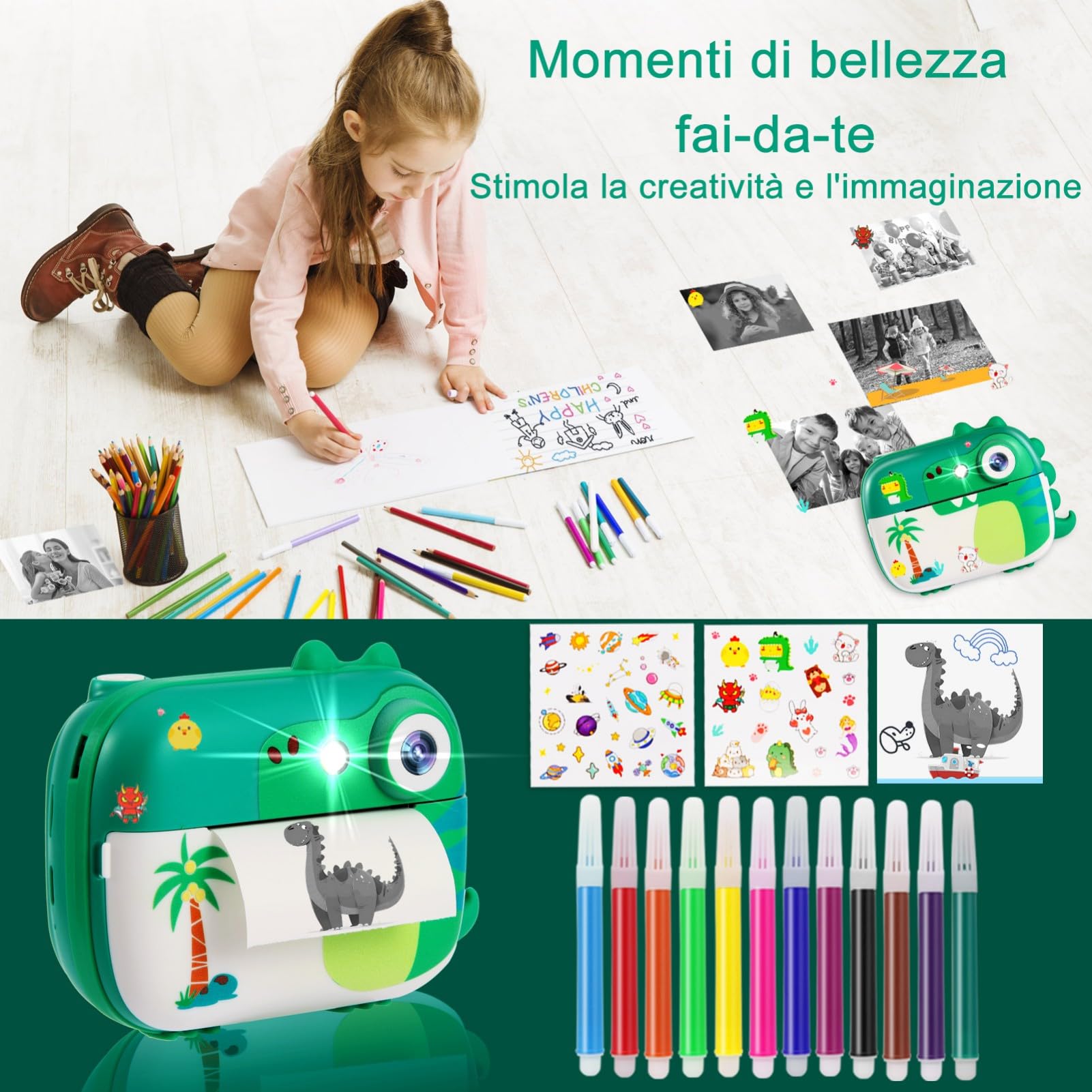 ARNSSIEN Macchina Fotografica Bambini Istantanea, 1080P Fotocamera Istantanea con 7 Rotoli di Carta, Fotocamera Digitale Bambini 2.4 Pollici, Regalo di Natale e Compleanno per Bambino di 3-12 Anni, M3