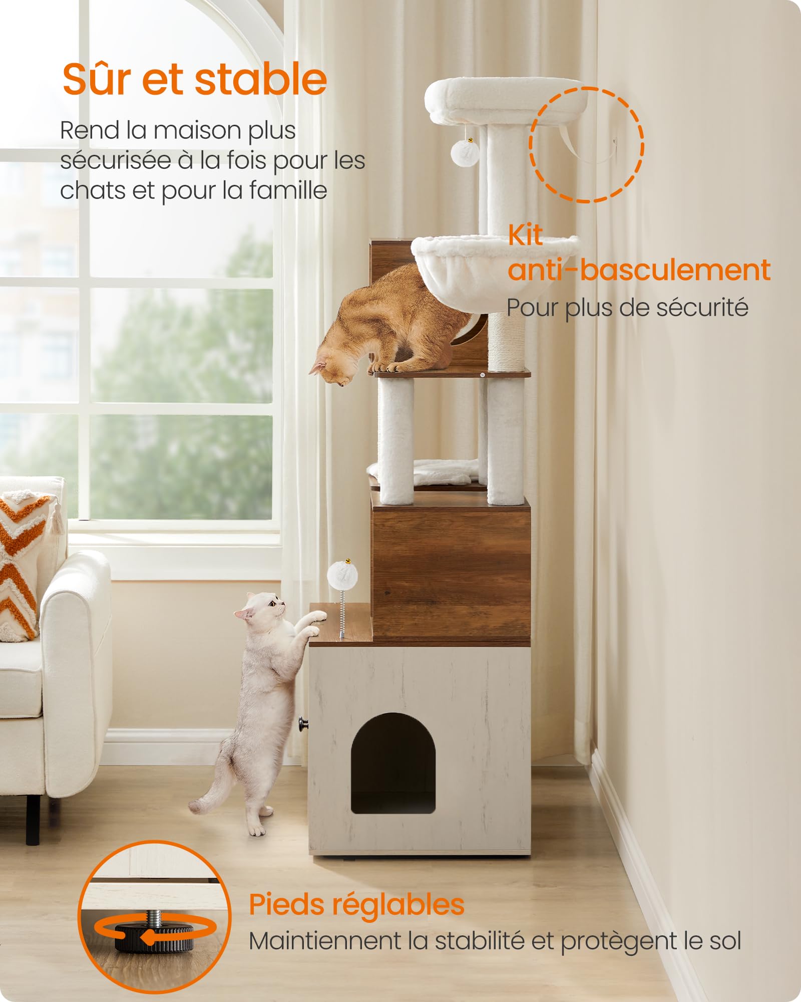 Feandrea Arbre à Chat Moderne avec Cache-litière, Tour de Jeu, Griffoir avec Maison de Toilette, 180 cm, Niche, Plateforme, Tapis Lavables, Marron Miel et Blanc Rustique PCT116K03