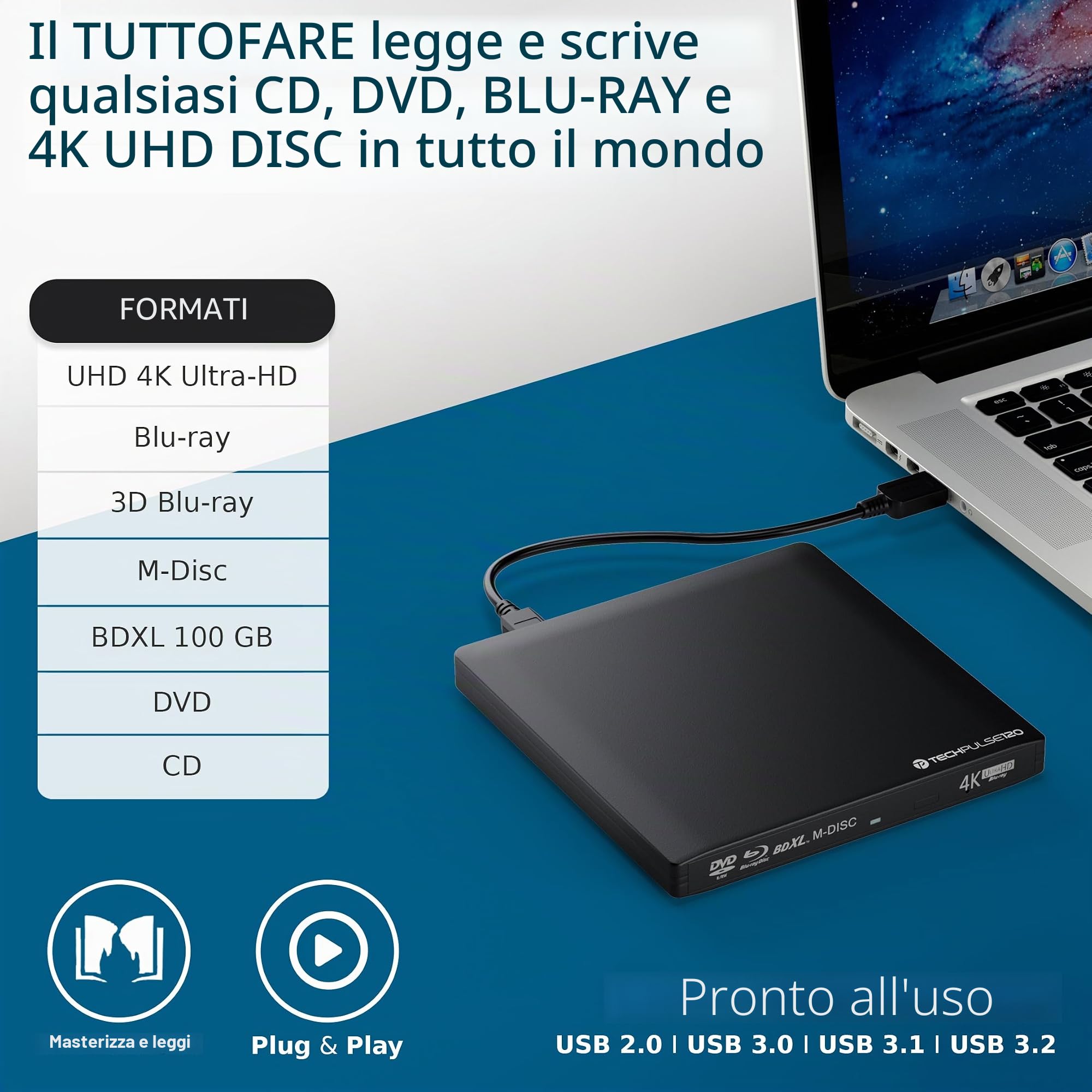 techPulse120 Masterizzatore esterno UltraHD UHD 4k 3D M-DISC BDXL HDR10 100GB USB 3.0 & USB-C, masterizzatore Burner Superdrive UltraSlim BD DVD CD CD Ultra Pack custodia 90cm cavo alluminio nero