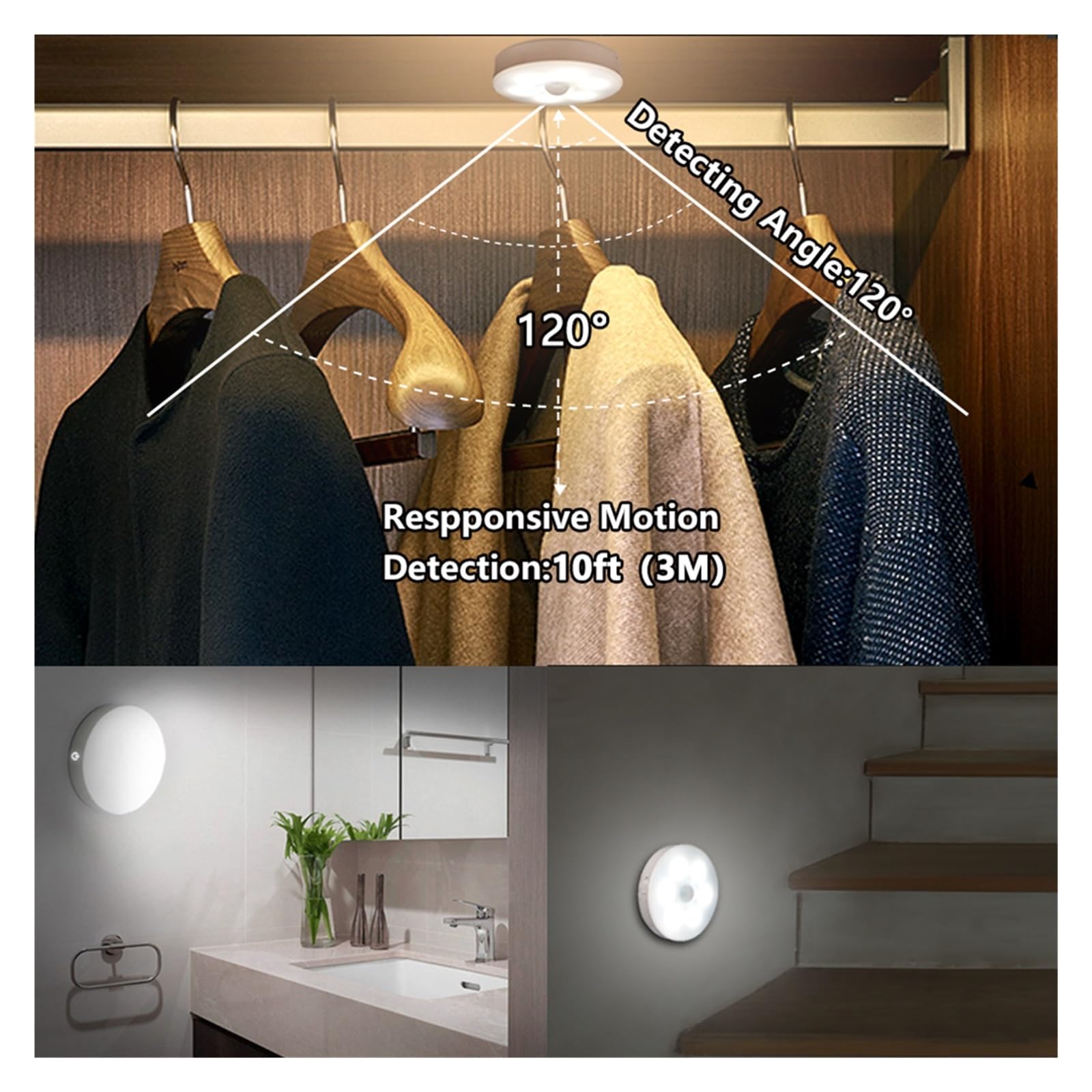 Led Okrągły Czujnik Światła Nocnego Lampki Nocne USB Ładowanie LED Szafka Kinkiet Do Szafy Oświetlenia Szafki W Korytarzu Domu Czujnik Ruchu(Warm white,3 Pcs)