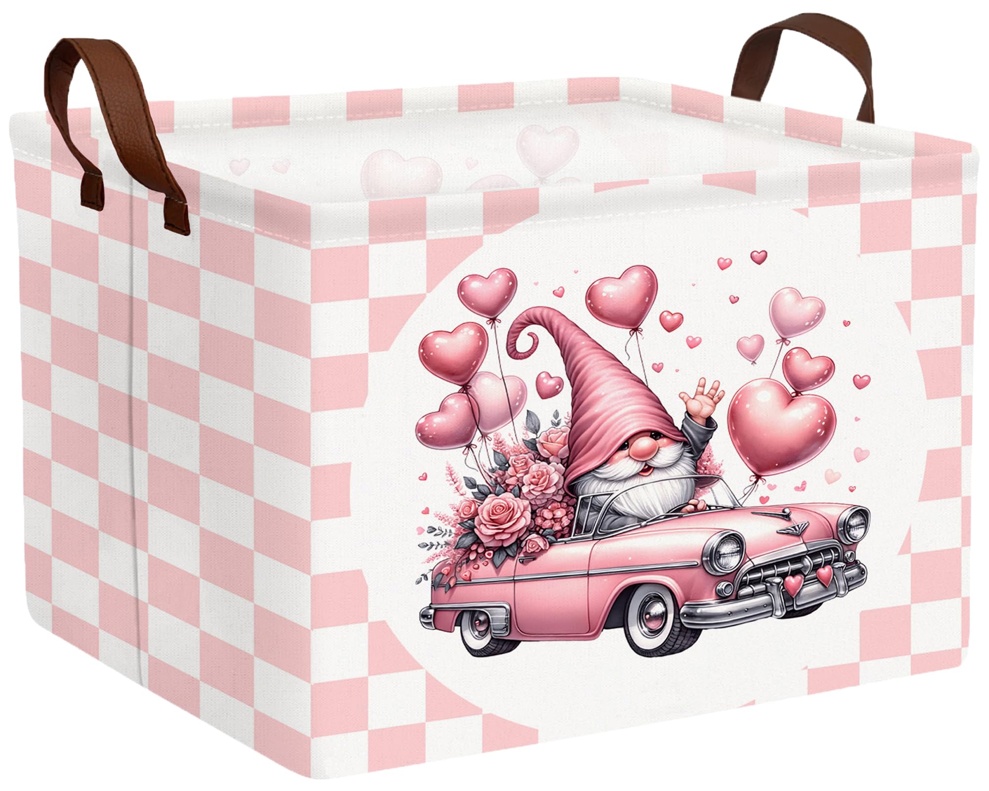 Valentines Day Basket Large Foldable Heart Shaped Storage Box for Gifts Kids Empty Storage Bins Rectangular Toy Organizer Decor (Pink Gnome Car)