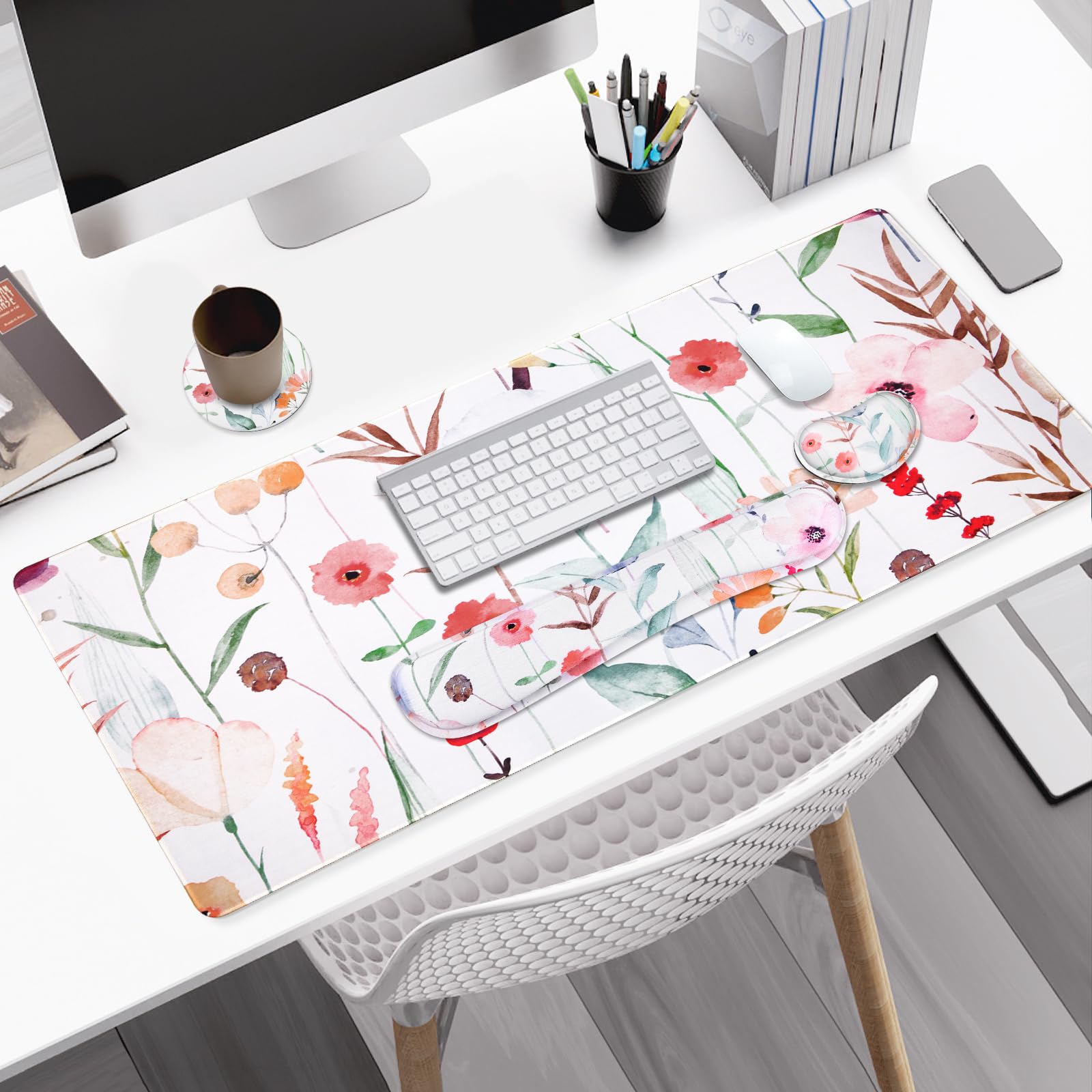 Gaming Wrist Rest & Keyboard Desk Mat - Orange Flowers -2