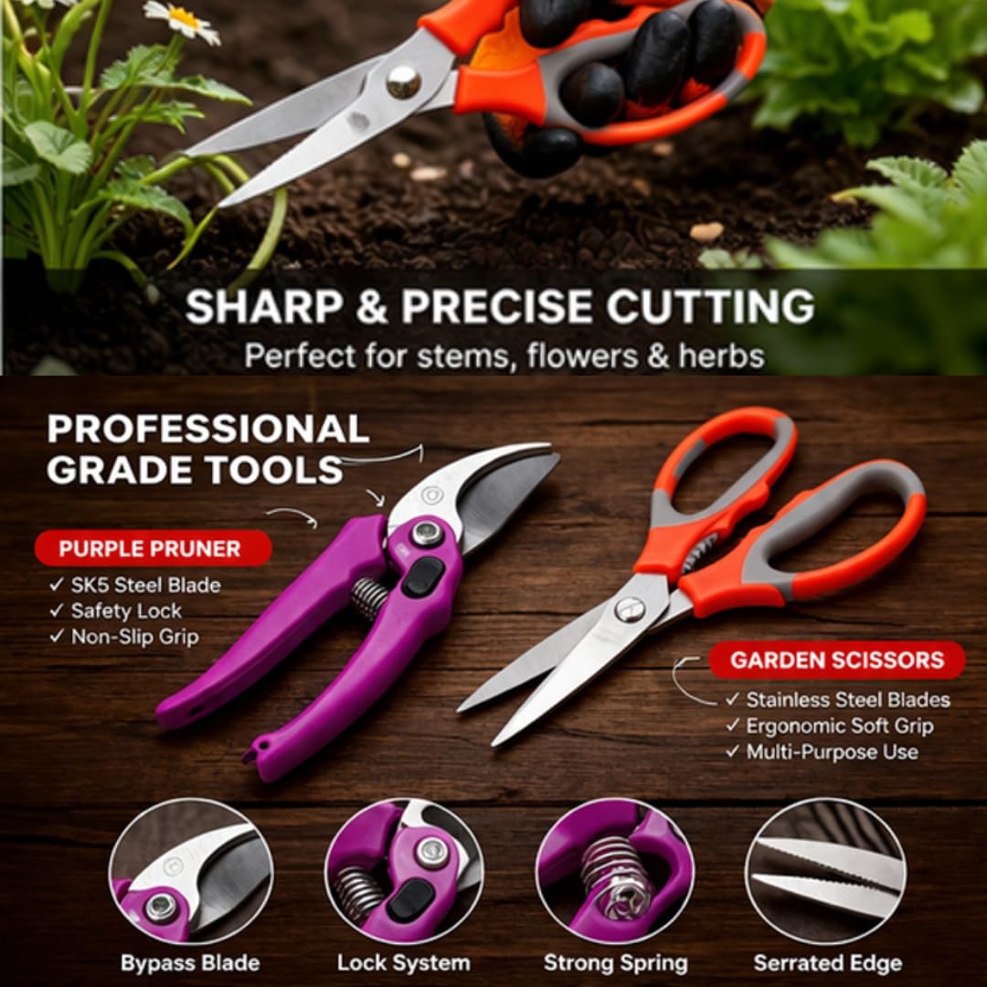 Saphirre Seeds Garden Tool Kit 8 Pieces Including Gloves | Heavy Duty Gardening Tools Set for Home Garden, Balcony, Terrace | Cultivator, Hand Trowel, Fork, Weeder, Pruner & Scissors 3