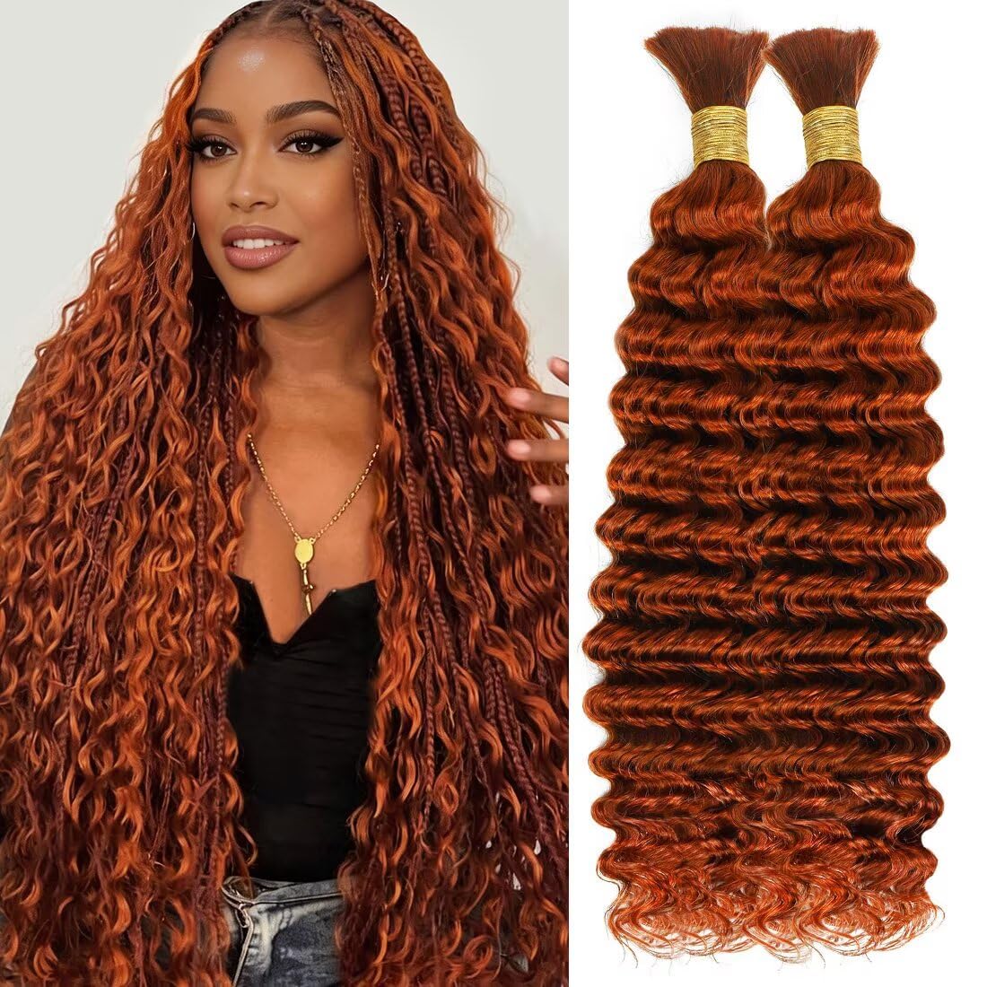 Boho Hair for Braiding, Ombre Curly Virgin Human Braiding Hair for Women, 12A Knotless Deep Wave Bulk Bohemian Styles, 50g 16 Inch 1 Bundles/Pack Highlight P4/27