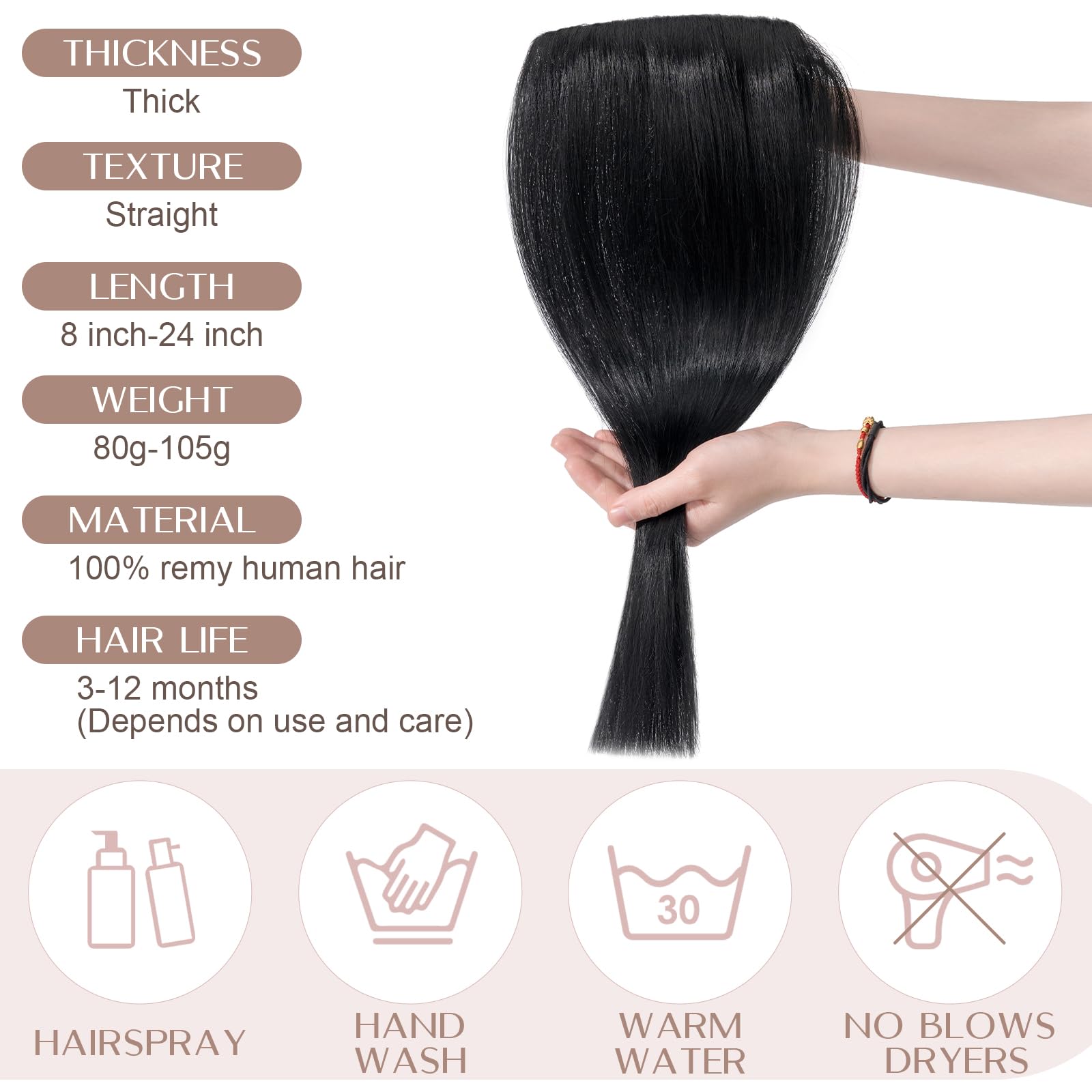 20"(50cm) SEGO Extensiones de Clip de Pelo Natural Una Pieza GRUESA con 5 Clips [#1 Negro Intenso] Remy Cabello Humano Liso (95g) — view 7