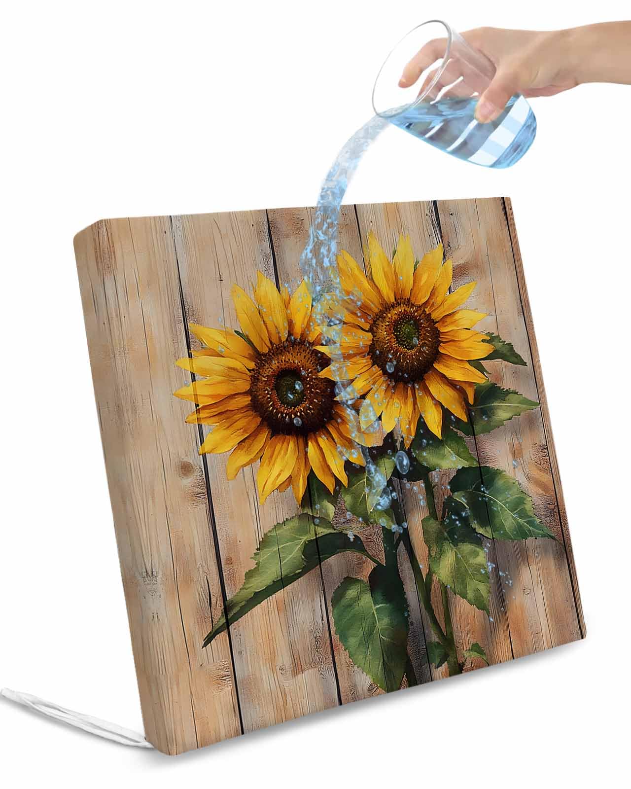 Hokiten Sunflower Wooden Outdoor Cushion Chair Cover Set of 4 - Waterproof Couch Seat Covers, Summer Retro Botanical Floral Patio Furniture Protector Cushions Slipcovers for Sofa/RV, 22