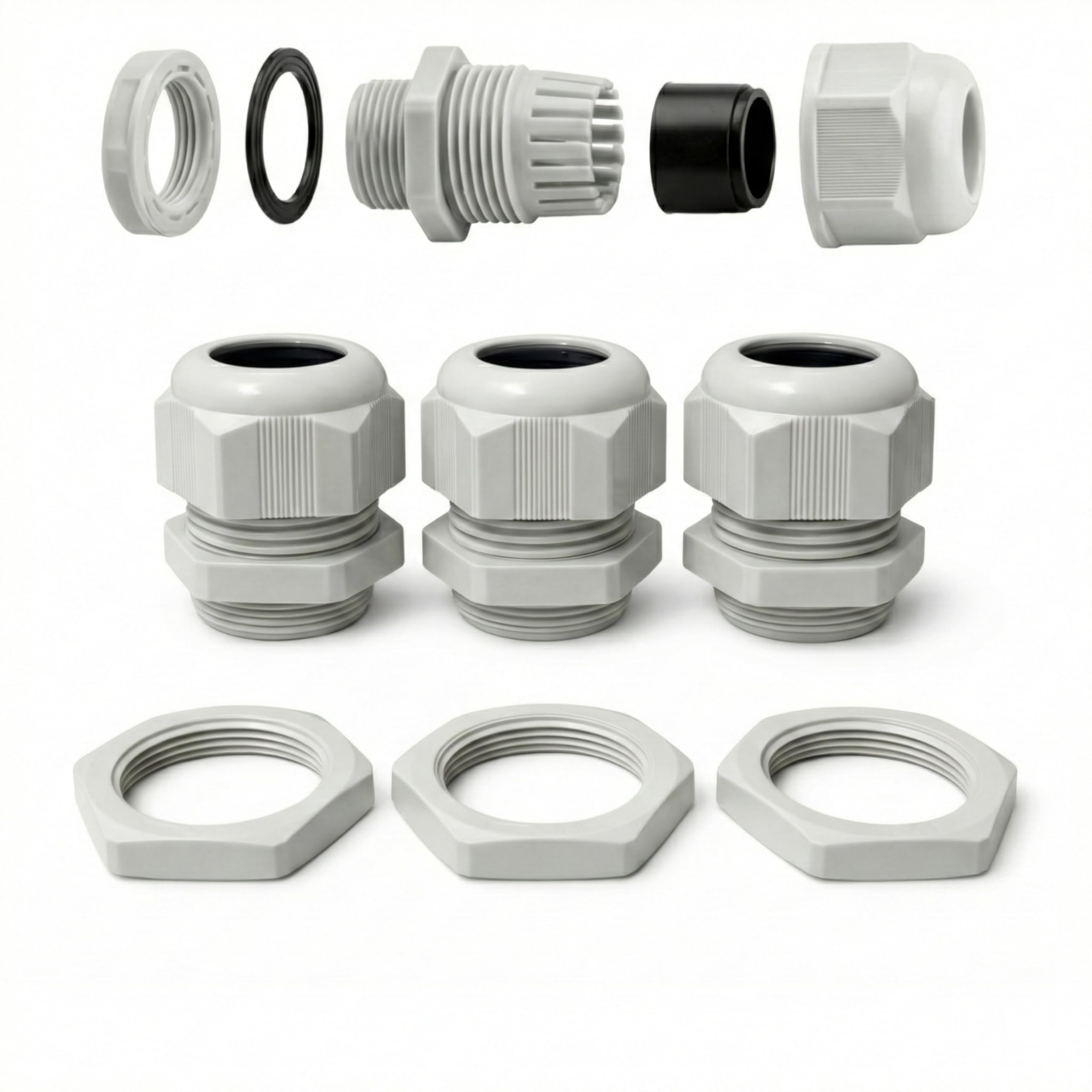 M32x1,5 IP68 – 3 Pressacavo + 3 Ghiera – RAL 7035 – Filettatura Metrica EN 60423 – Polyamide PA6 V2, antivibrazione, -20/+100°C • COLAB ORTAC