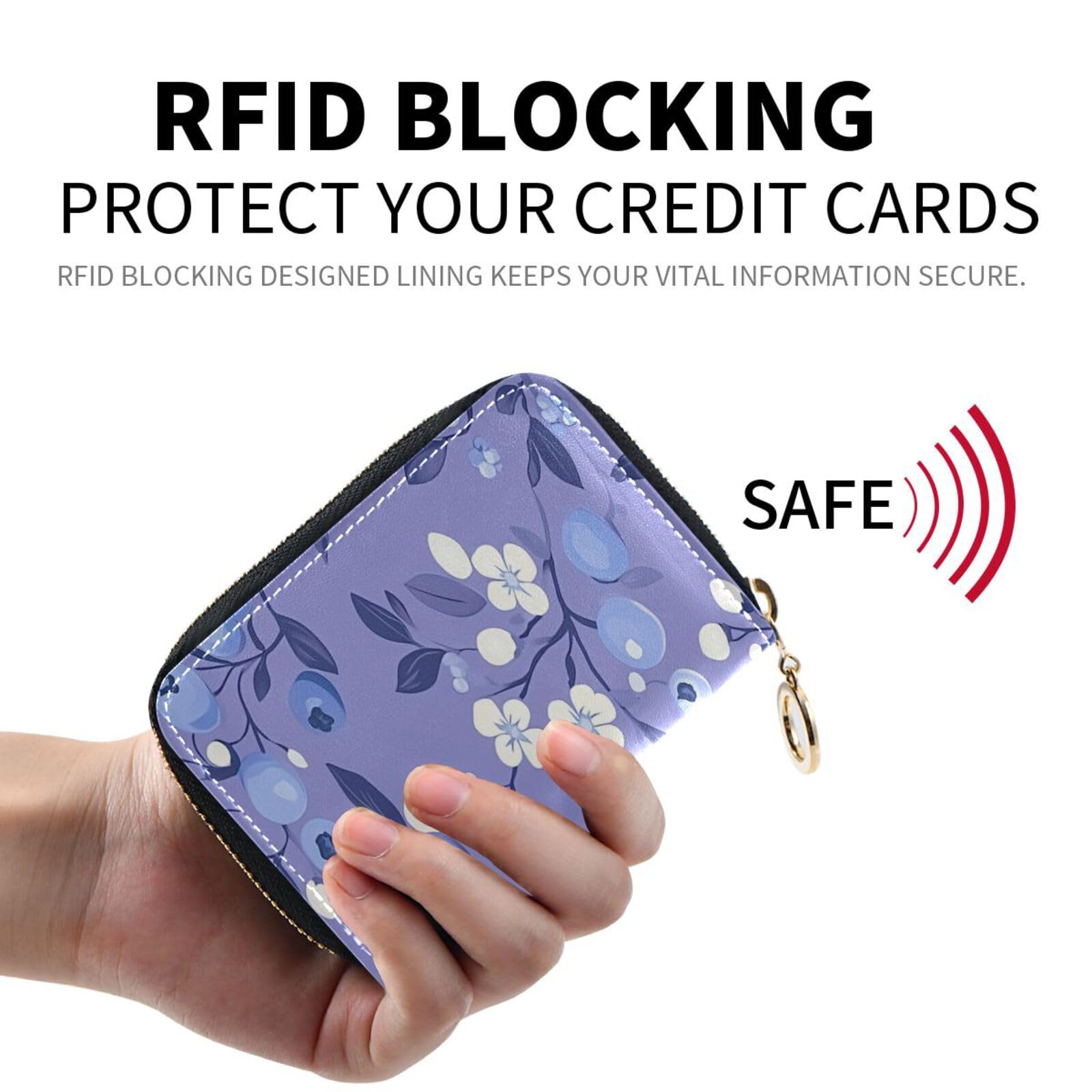 BOESI Doodle Blueberry and White Flower Leather Card Holder, Credit Card Holder Wallet, RFID Blocking Credit Card Holder, Organizer Zipper Wallet