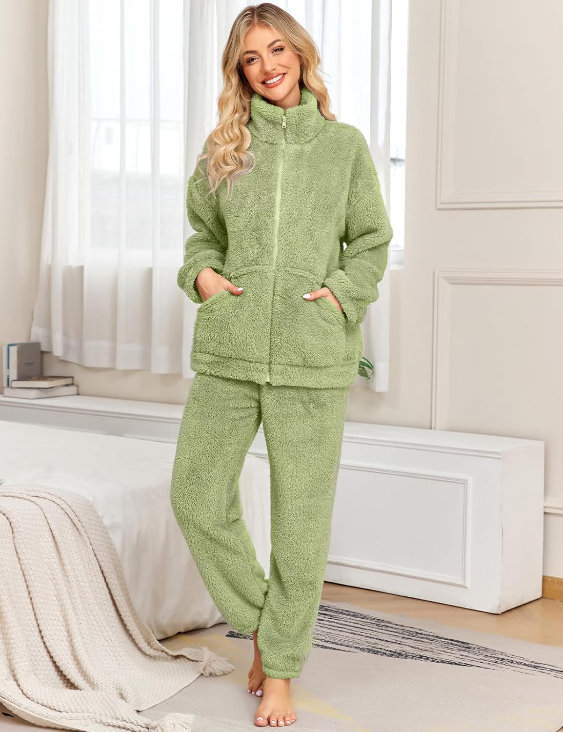 Women's Flannel Pajama Set Winter Warm Long Sleeve with Pockets and Pants Soft Cozy Loungewear - Image 2