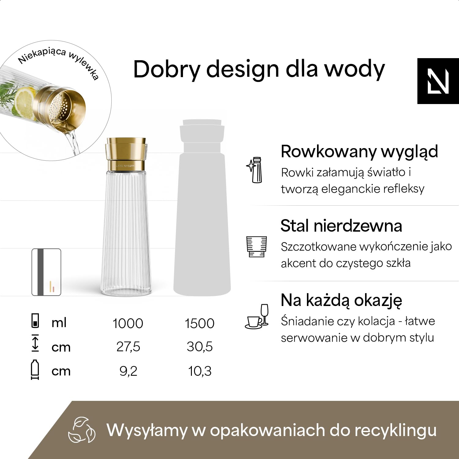LARS NYSØM Karafka na Wodę 1l z Pokrywką ze Stali Nierdzewnej z Wbudowanym Sitem | Elegancka Szklana Karafka do Soku, Lemoniady | Dzbanek do Codziennego Użytku (Pure/Gold, 1000ml)