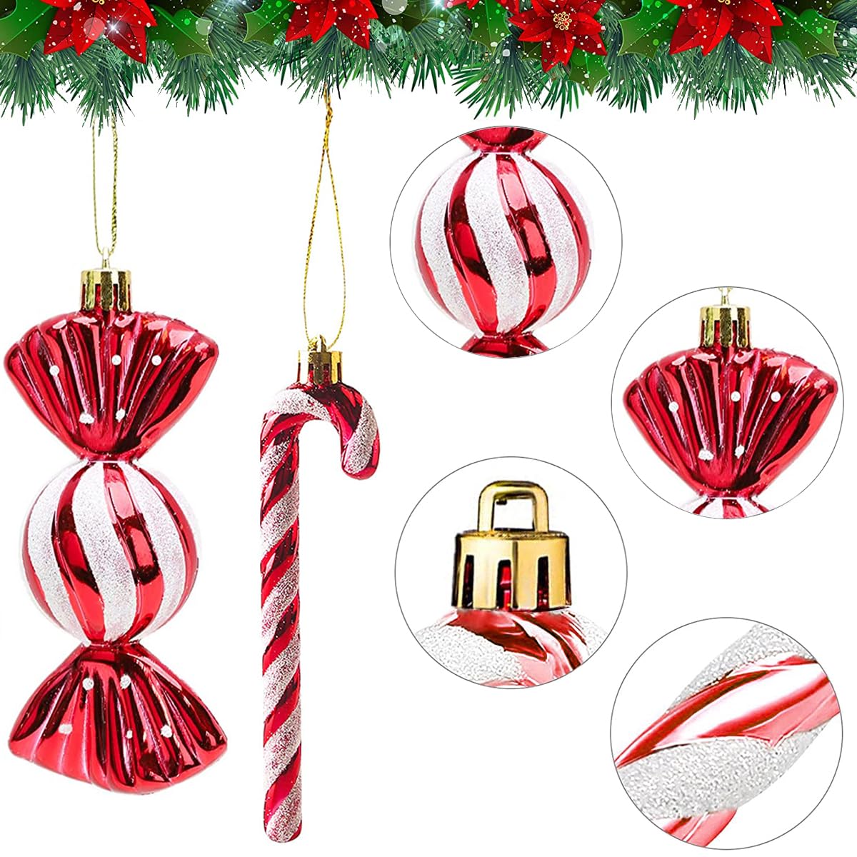 Bolas de Navidad grandes bolas de decoración de caña de caramelo, 18 piezas, bolas de Navidad con lentejuelas, decoraciones de árbol de Navidad, rojo y blanco, adornos navideños(12 cm)